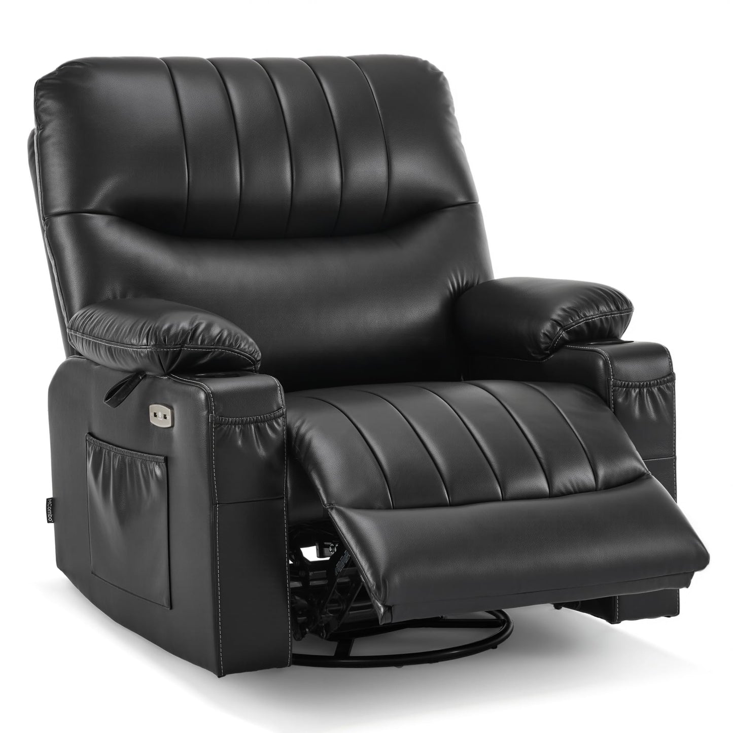 MCombo Oversized Swivel Glider Rocker Power Recliner Chair for Living Room with Heat and Vibration Massage, USB Ports, Cup Holders and Pockets, Faux Leather 7785 (Black)