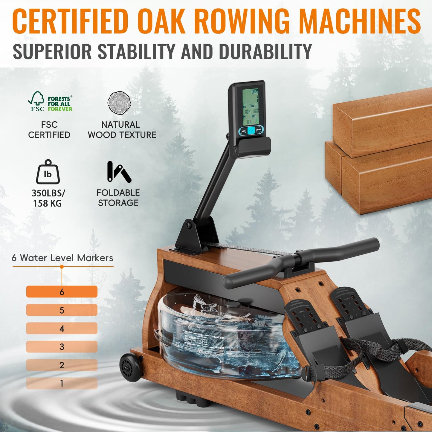 WENOKER Water Rowing Machine for Home Use, Wooden Foldable Rower Machine with Adjustable Monitor & Bluetooth APP, Large Water Tank & Comfortable Seat for Immersive Water Rower, 350LBS Weight Capacity