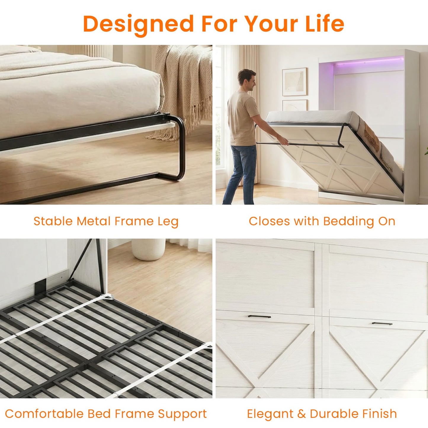 CECER Queen Size Wall Murphy Bed with LED Lights，Queen Murphy Cabinet Beds with Gas Struts，Space-Saving Wall Beds Cabinet Bed for Guest Room/Bedroom-White