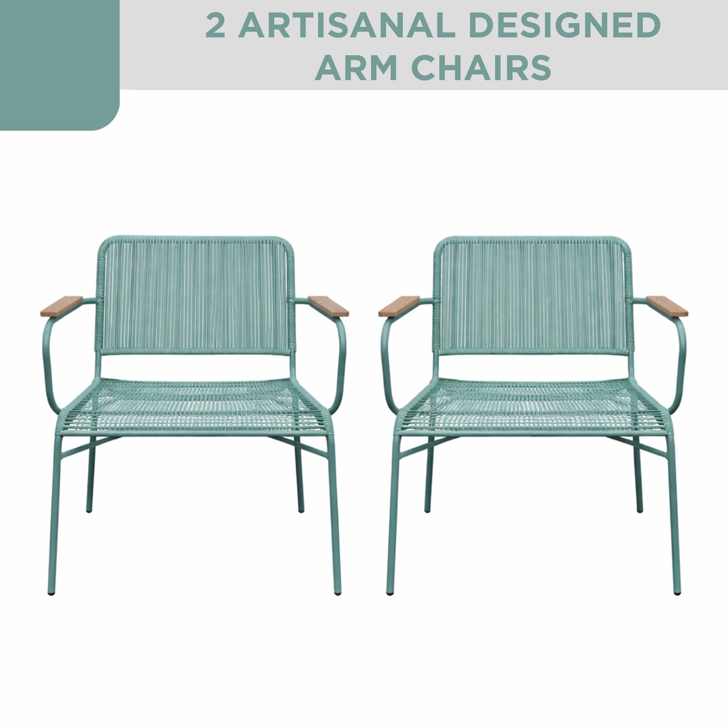 Alpine Corporation VTFAM170A 4-Piece Outdoor Rope Woven Patio Conversation Set – Sofa Bench, 2 Armchairs & Coffee Table – Modern Metal Frame with Wood Armrests – Indoor/Outdoor Seating Set