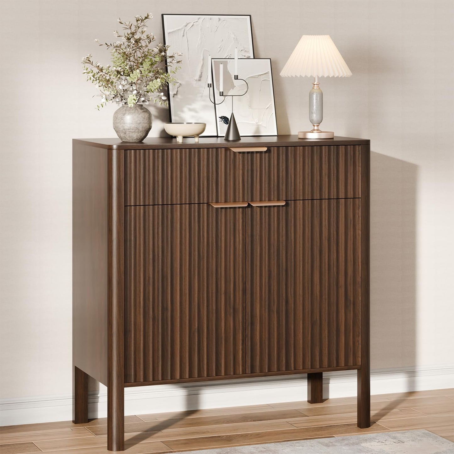 CozyMine Fluted Buffet Cabinet Accent with Doors & Drawer 31" Walnut