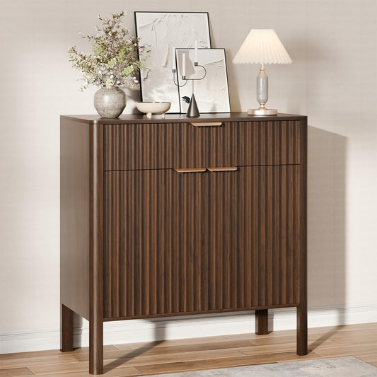 CozyMine Fluted Buffet Cabinet Accent with Doors & Drawer 31" Walnut