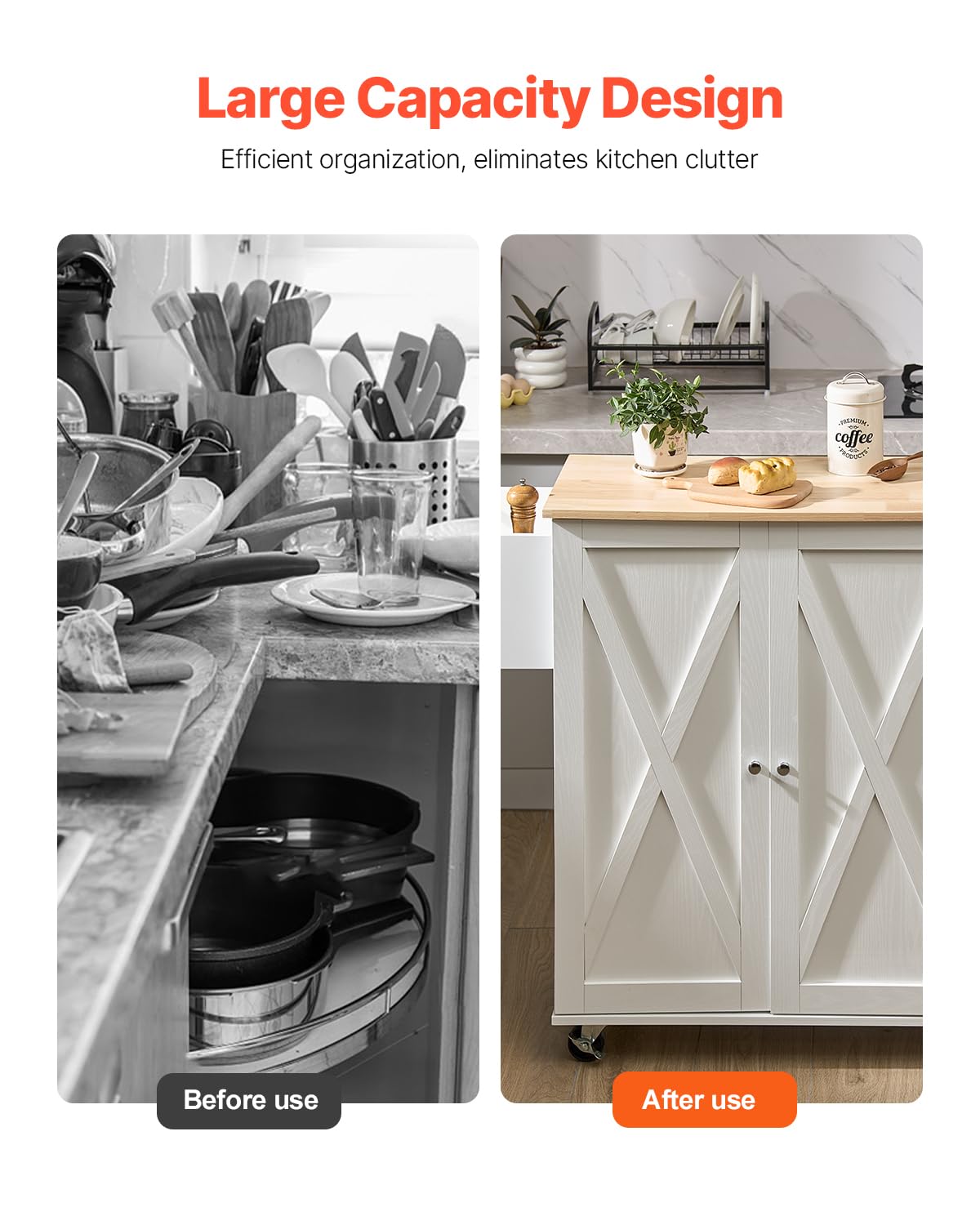 VEVOR Kitchen Island Cart, 45.3x39 inch Rolling Kitchen Table, Mobile Carts with Storage Cabinet and Solid Wood Top, Portable Islands with Wheels, Spice Rack, Towel Rack, Drop Leaf and Drawer, White