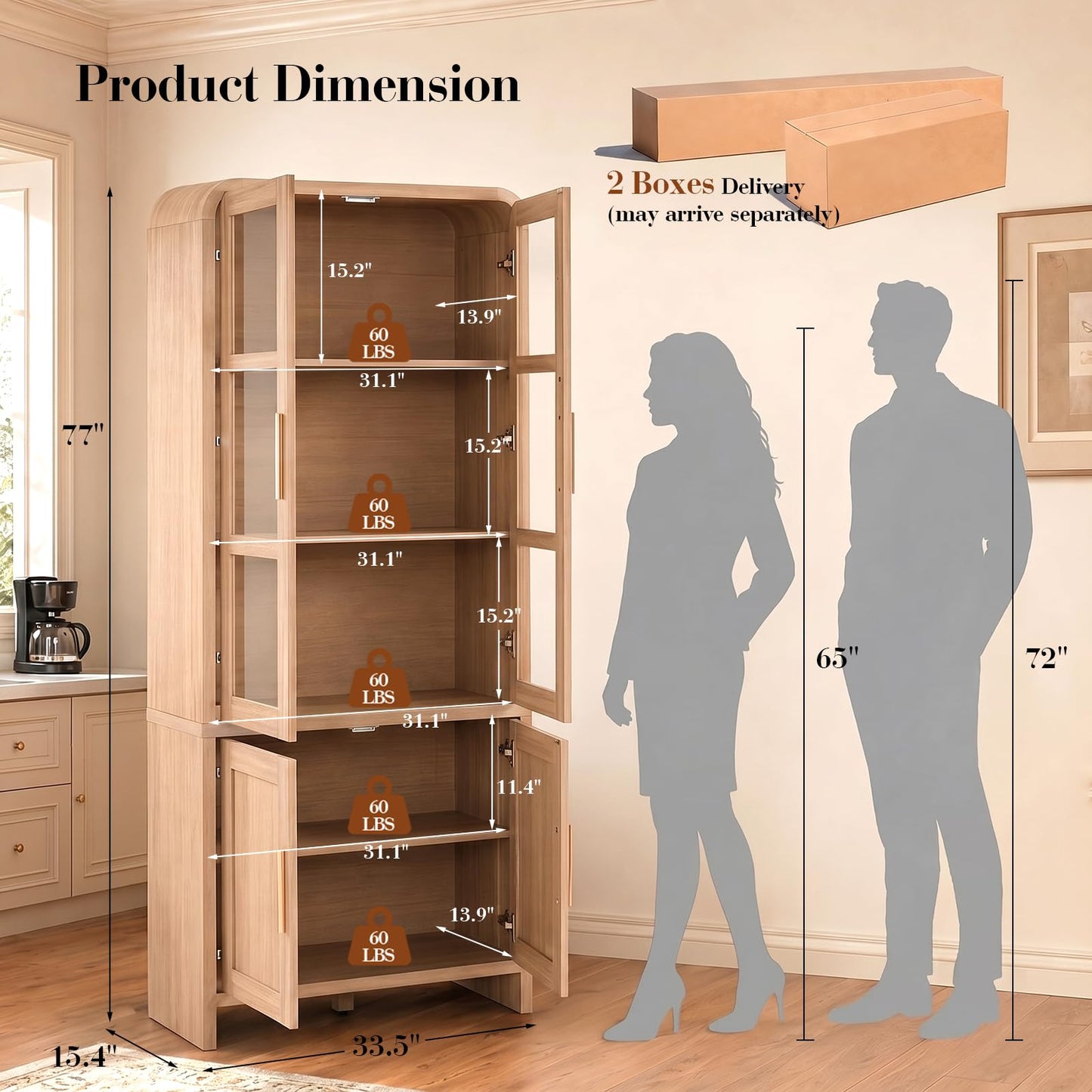 EliteSet 77" Tall Kitchen Pantry Cabinets, Wooden Curved Storage Cabinets with Adjustable Shelf, 1.18'' Panel Freestanding Cupboard for Dining Room, Living Room, Bathroom, Oak, 1Pcs