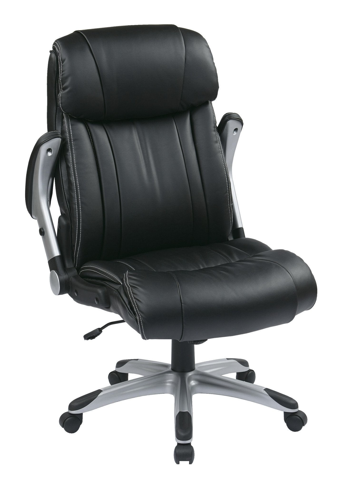 Office Star ECH Series High Back Executive Bonded Leather Office Chair with Adjustable Padded Flip Arms, Black with Silver Coated Base