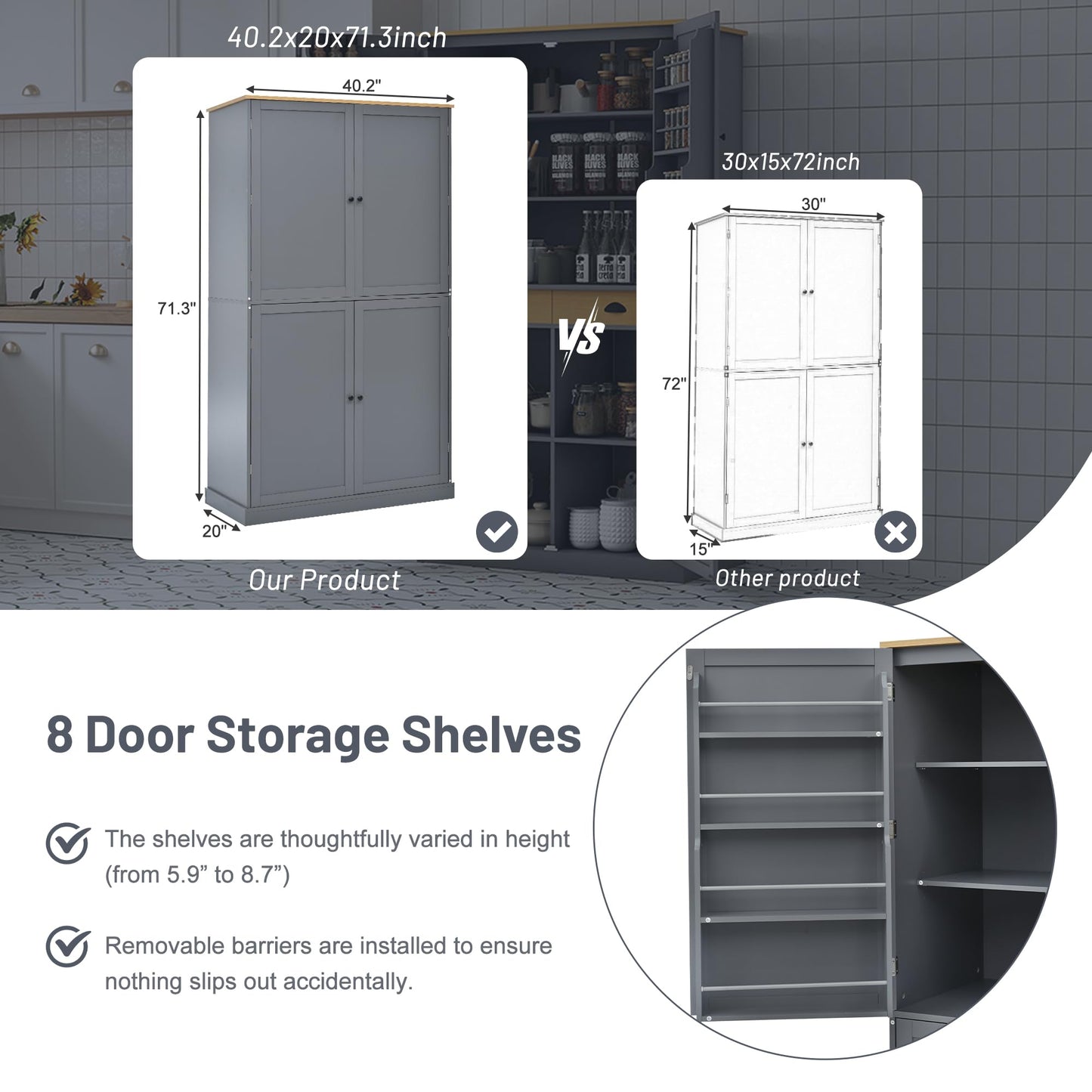 Merax 71.3" Tall Kitchen Storage Cabinet Pantry Wood Freestanding Large Cupboard with 2 Drawers,2 Adjustable Shelves,8 Door-Shelf for Dining Room,Grey
