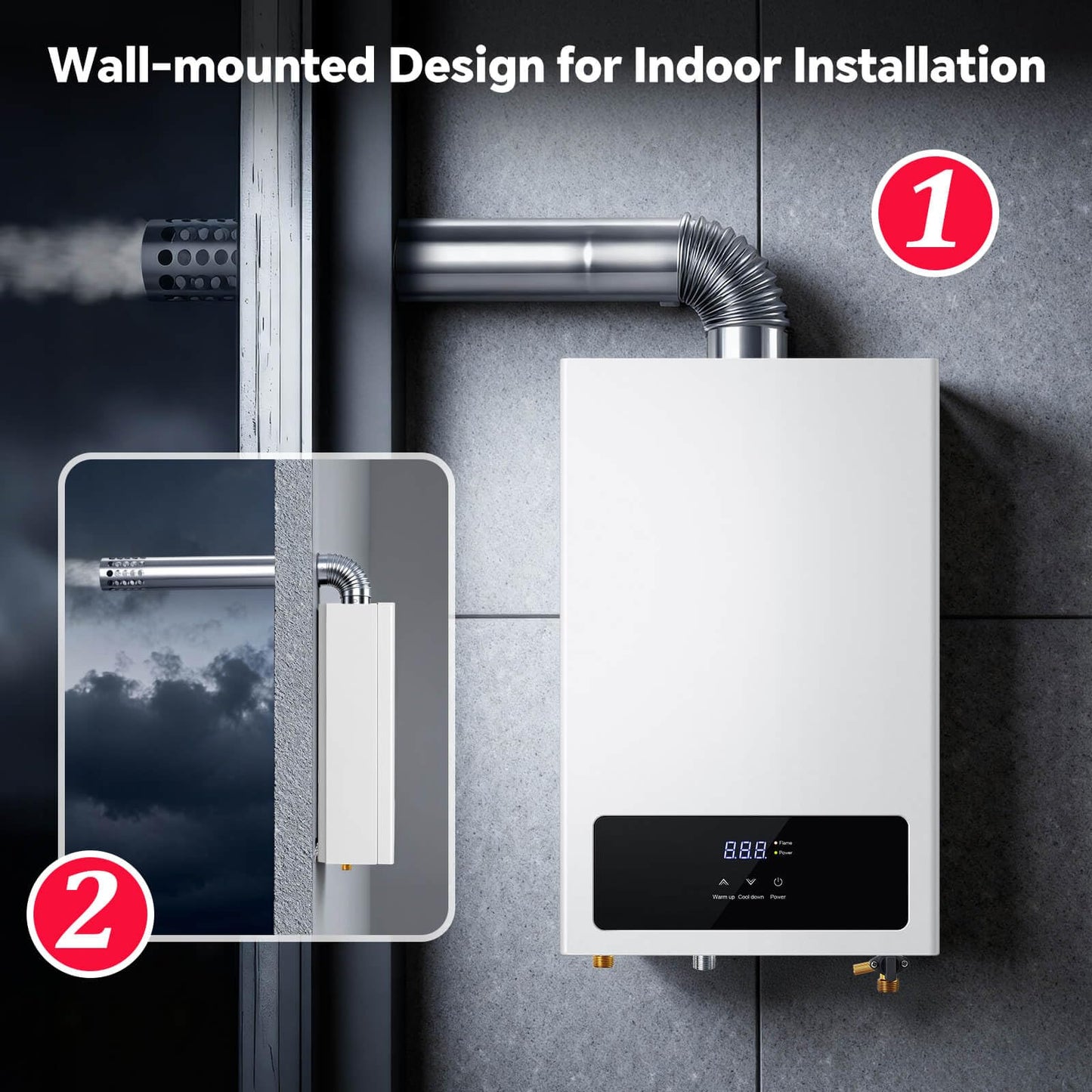 SNDOAS Tankless Water Heater,16L On Demand Water Heater Natural Gas, 4.23 GPM 85,300BTU Instant Hot Water, LED Display, Indoor Installation, 2-3 Point Use for Family Bathroom Kitchen,White