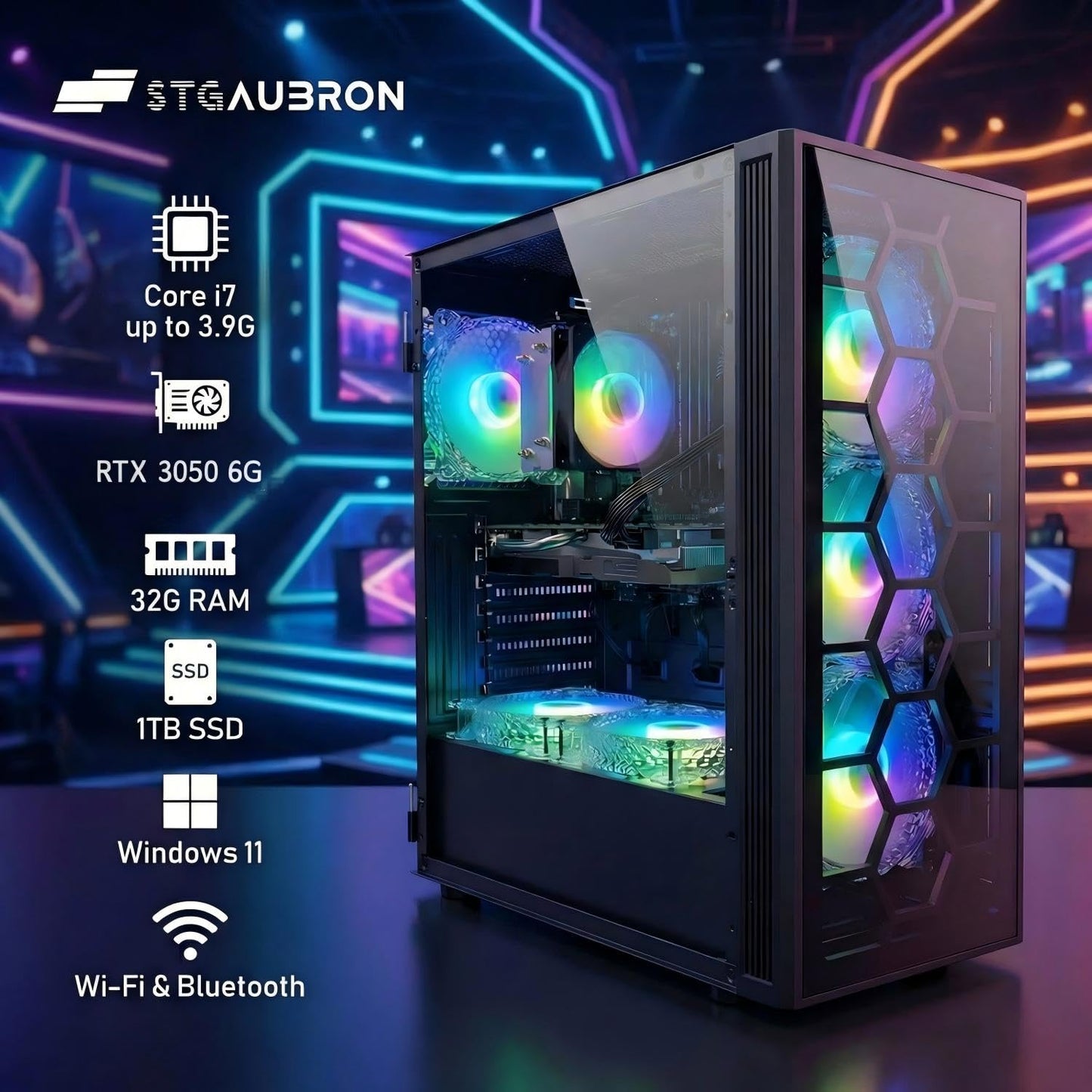 STGAubron Gaming PC Computer Desktop, Intel Core i7 up to 3.9G, GeForce RTX 3050 6G, 32G RAM, 1TB SSD, WiFi 6, BT 5.0, RGB Fan x6, Windows 11 Home