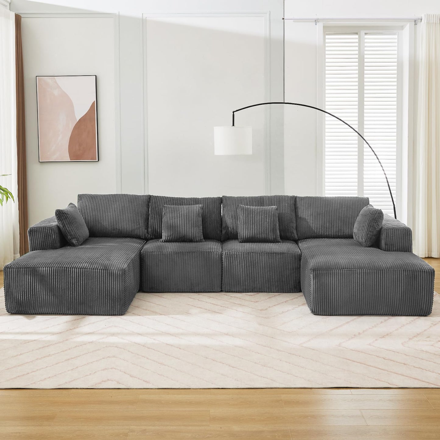 137" Modular Sectional Sofa, U-Shape Cloud Couch with Chaise, Deep Seat, Armrests and Plush Corduroy Fabric, No Assembly Required, Boneless Compression Sectional Couch for Living Room, Grey