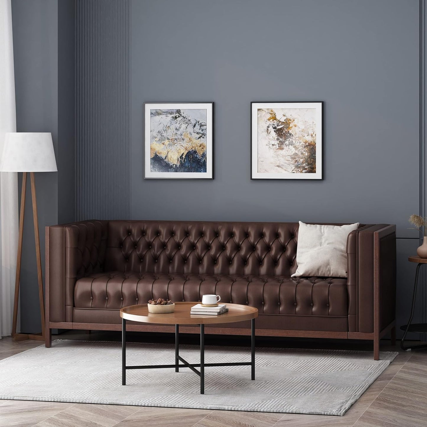 Merax 79 Inch Modern 3-Seater Sofa, Button Tufted Upholstered Couch with Tuxedo Arms & Rubberwood Frame, Low Profile Mid-Century Sofa for Living Room, Dark Brown