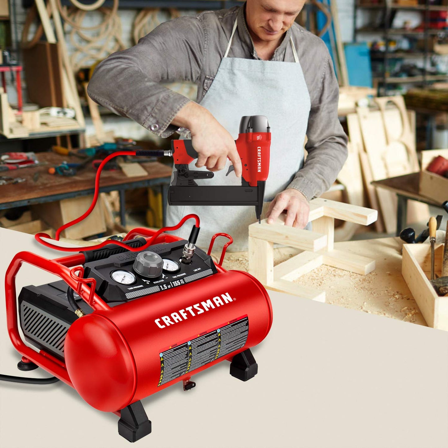 Craftsman Air Compressor 3 Gallon Portable Hotdog Air Compressor, Max 155 PSI 2.6 CFM@90psi Oil-Free Electric Workshop Air Compressors, CMXECXA0200341