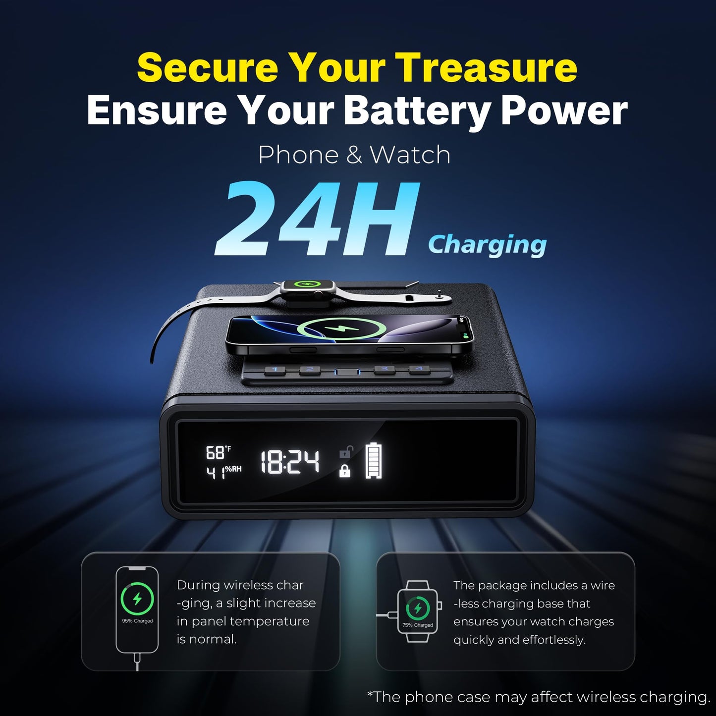 ORARAER Biometric Gun Safe with Wireless Charging, 12-Hour Clock Display & Adjustable Brightness, Bedside Pistol Safe with Fingerprint, Backup Key, LED Light & Humidity Monitor，Ideal Gift for Men