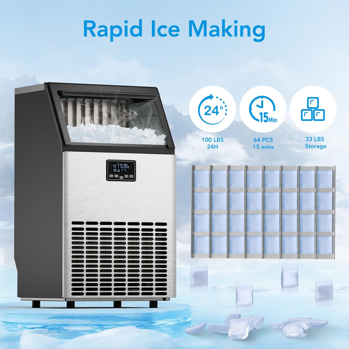 COWSAR Commercial Crescent Ice Maker Machine 120Lbs/24H, Ready in 12Mins, Undercounter Ice Makers with 26Lbs Storage Capacity, Self-Cleaning Freestanding Crescent Ice Machine for Whiskey/Coffee/Drinks