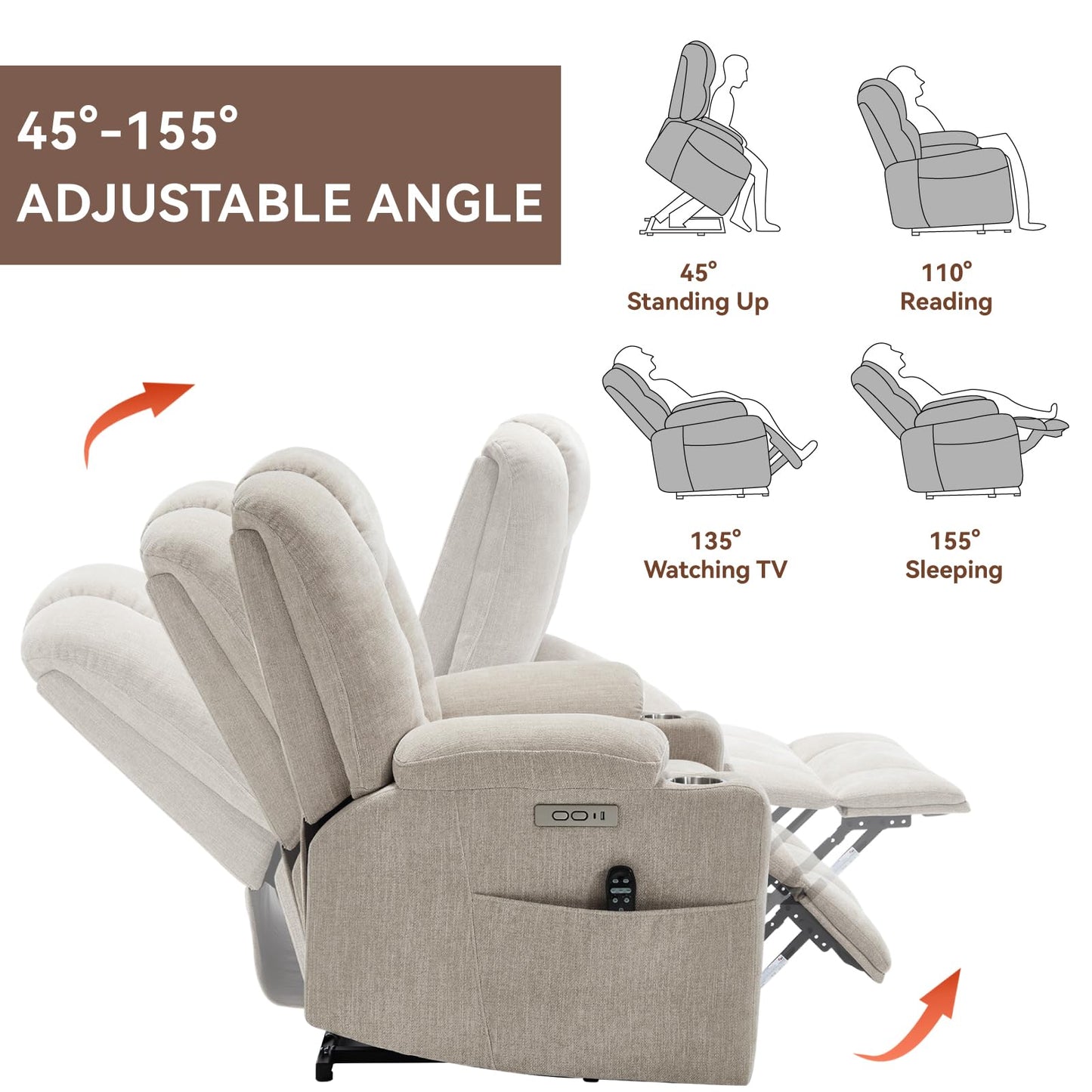 KEIKI Oversized Power Lift Recliner Chair with Heat & Massage, Reding Rocking Chair for Adults, High Seat Comfy Chenille Recliner with Side Pockets, USB Port, Cup Holders & Lumbar Support, Beige