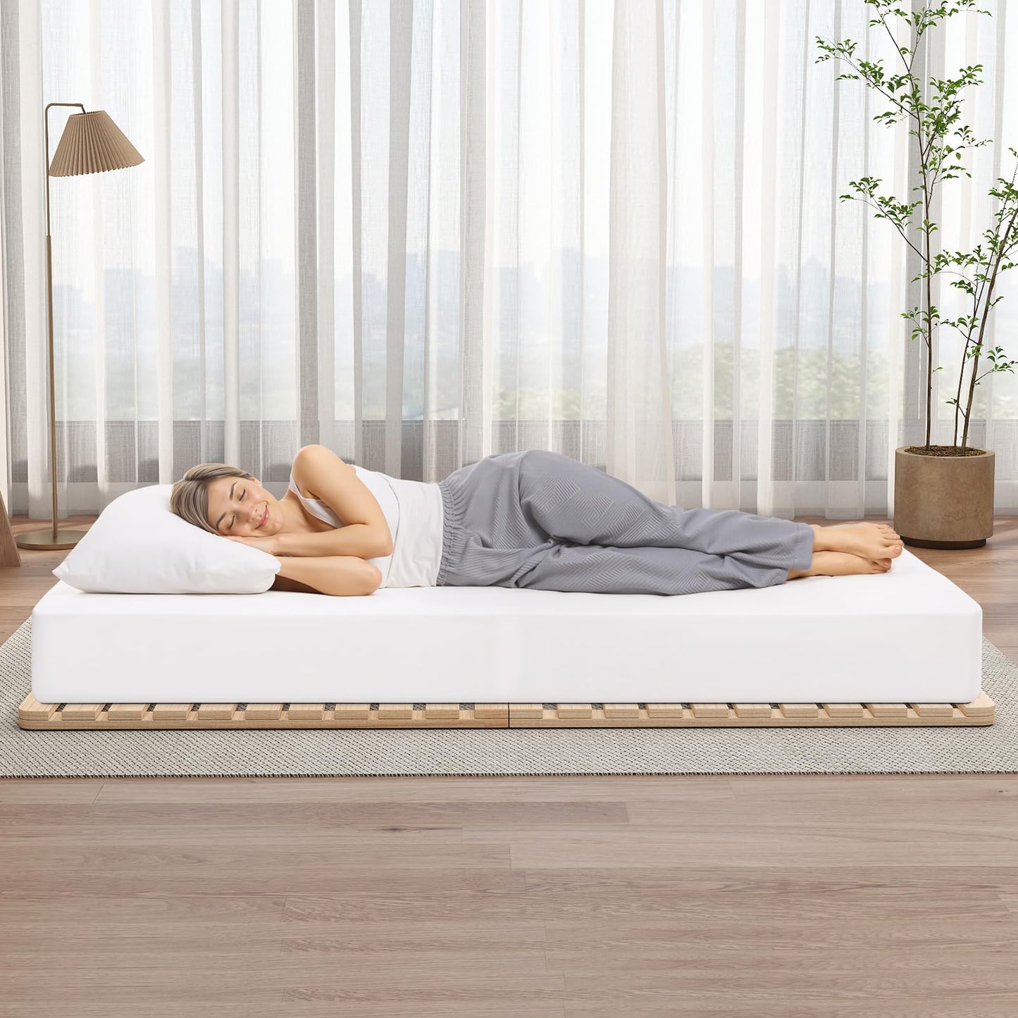 LILYPELLE Floor Bed Frame, Breathable Moisture-Proof Bed Plate, Foldable Tatami Bed Frame, Solid Wood Slatted Floor Bed Frame, Japanese Floor Bed for Floor Sleeping or Futon Mattress, King