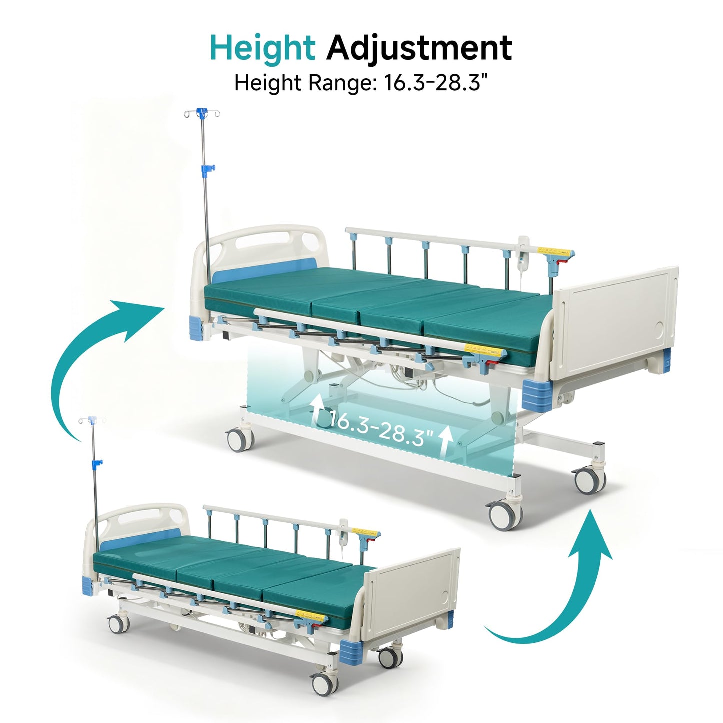 ELENKER Full Electric Hospital Bed for Home Use, ICU Medical Bed, Premium 3 Function Hospital ICU Bed with Remote Control, IV Pole, Mattress, Dining table, Lockable Quiet Casters, Includes Sheets (2X)