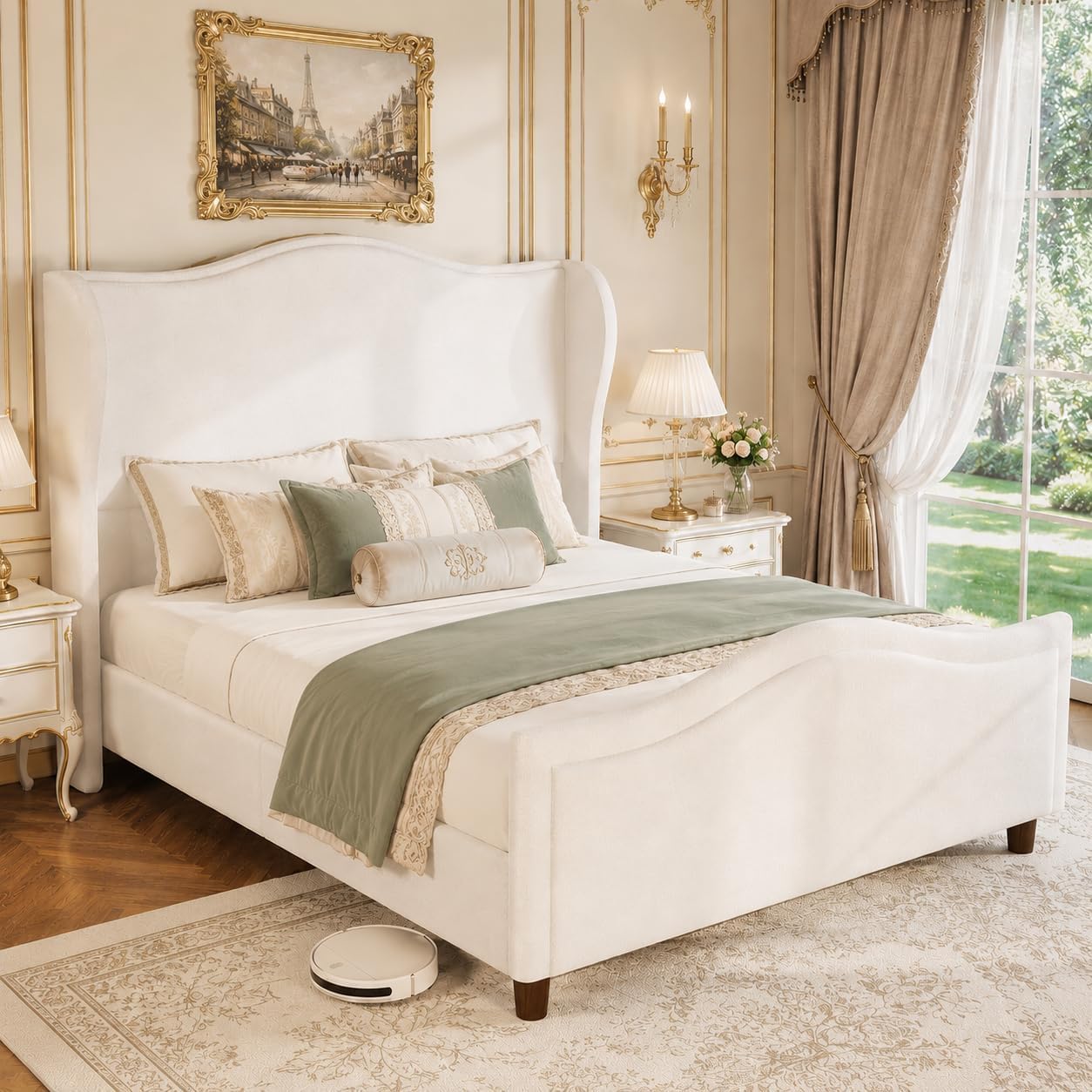 koorlian Queen Bed Frame Chenille Upholstered Platform Bed with Headboard and Footboard, 51" High Deep Tufted Wingback Sleigh Upholstered Bed, Modern Retro Minimalist Style, Easy Assembly, Cream