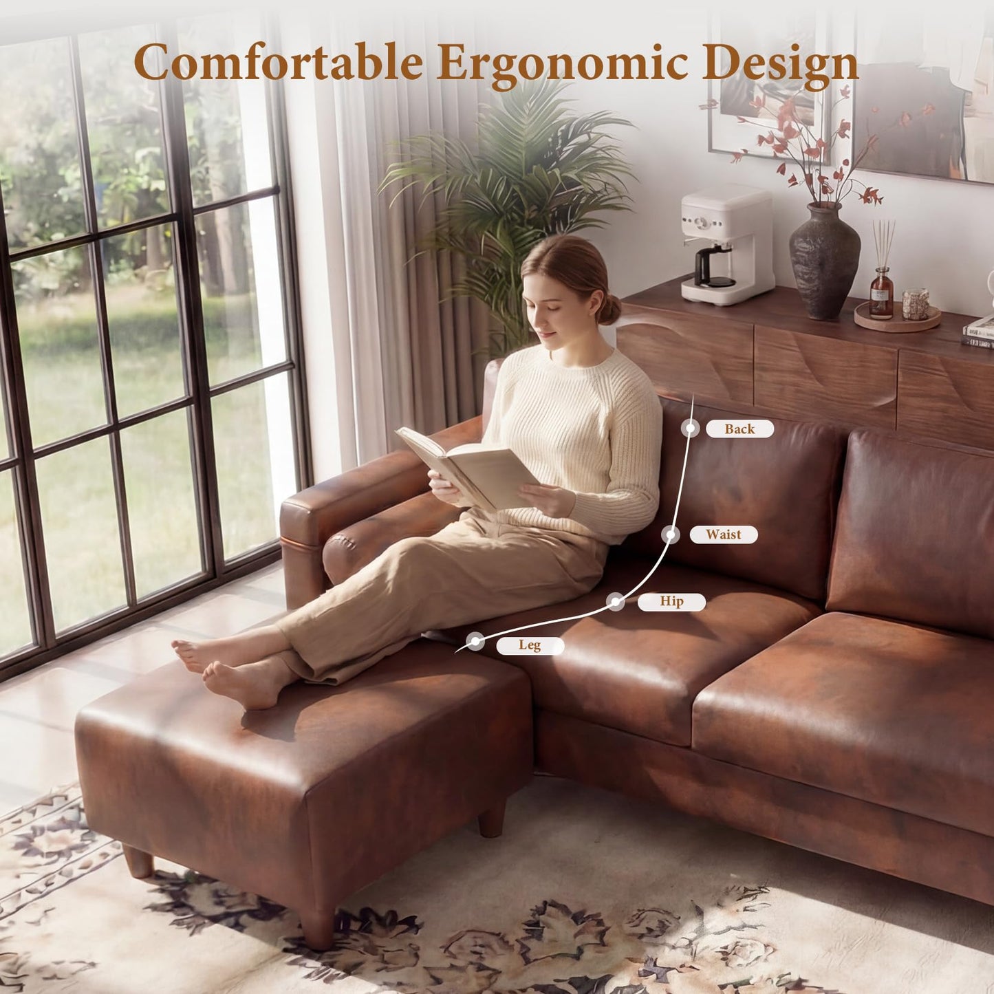 Vesgantti 100" L Shaped Faux Leather Couch with Movable Ottoman, Extra Wide Seater PU Leather Sectional Sofa with Side Pocket, Mid Century Modern Modular Sofa for Living Room, Apartment, Dark Brown