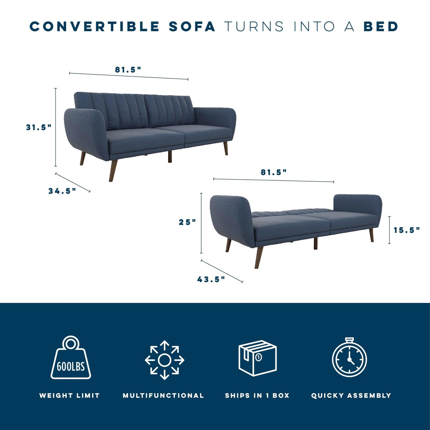 Novogratz Brittany Sofa Futon, Premium Linen Upholstery and Wooden Legs, Blue Linen