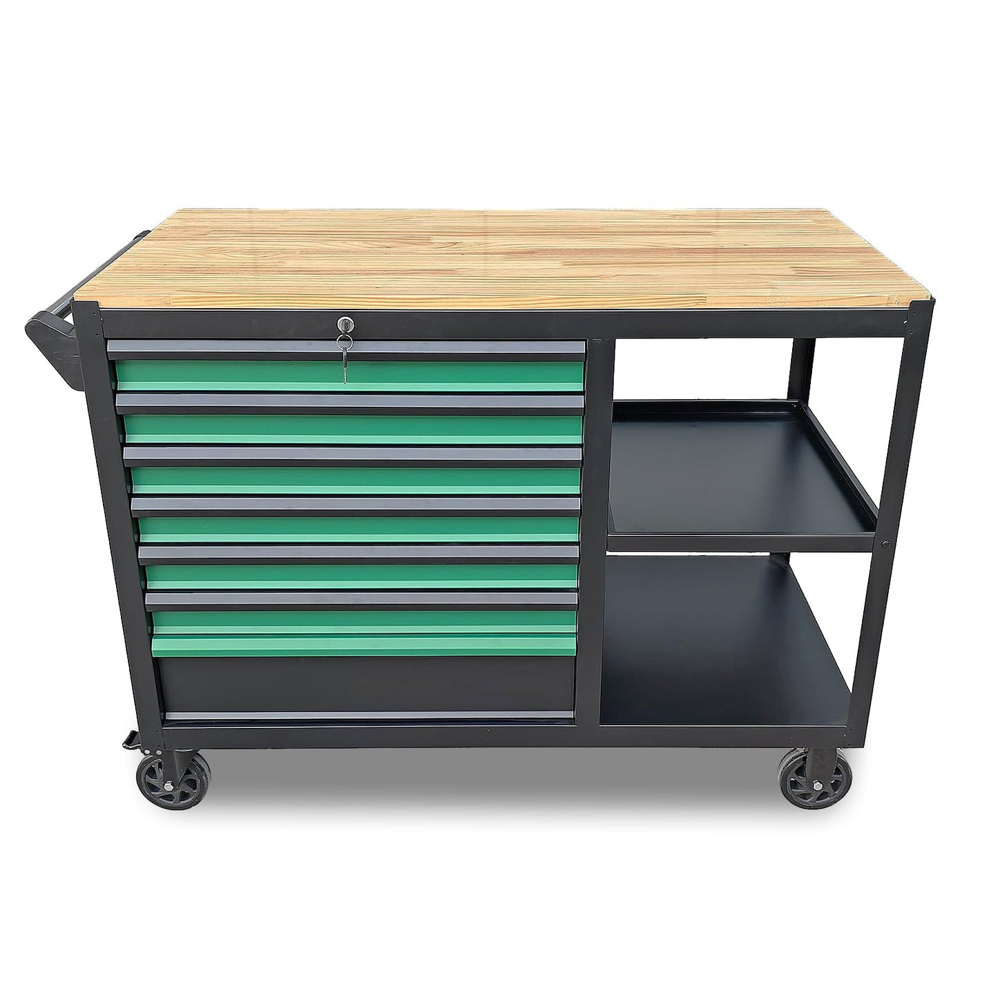 StrideoooTrek Tool Cabinet with 7 Storage Drawers, Wood Top Workbench, Brake Caster,Lockable Drawer,Black Metal Frame Tool Chest with Double Shelves for Garage, Workshop, or Outdoor Use(7 Drawers)