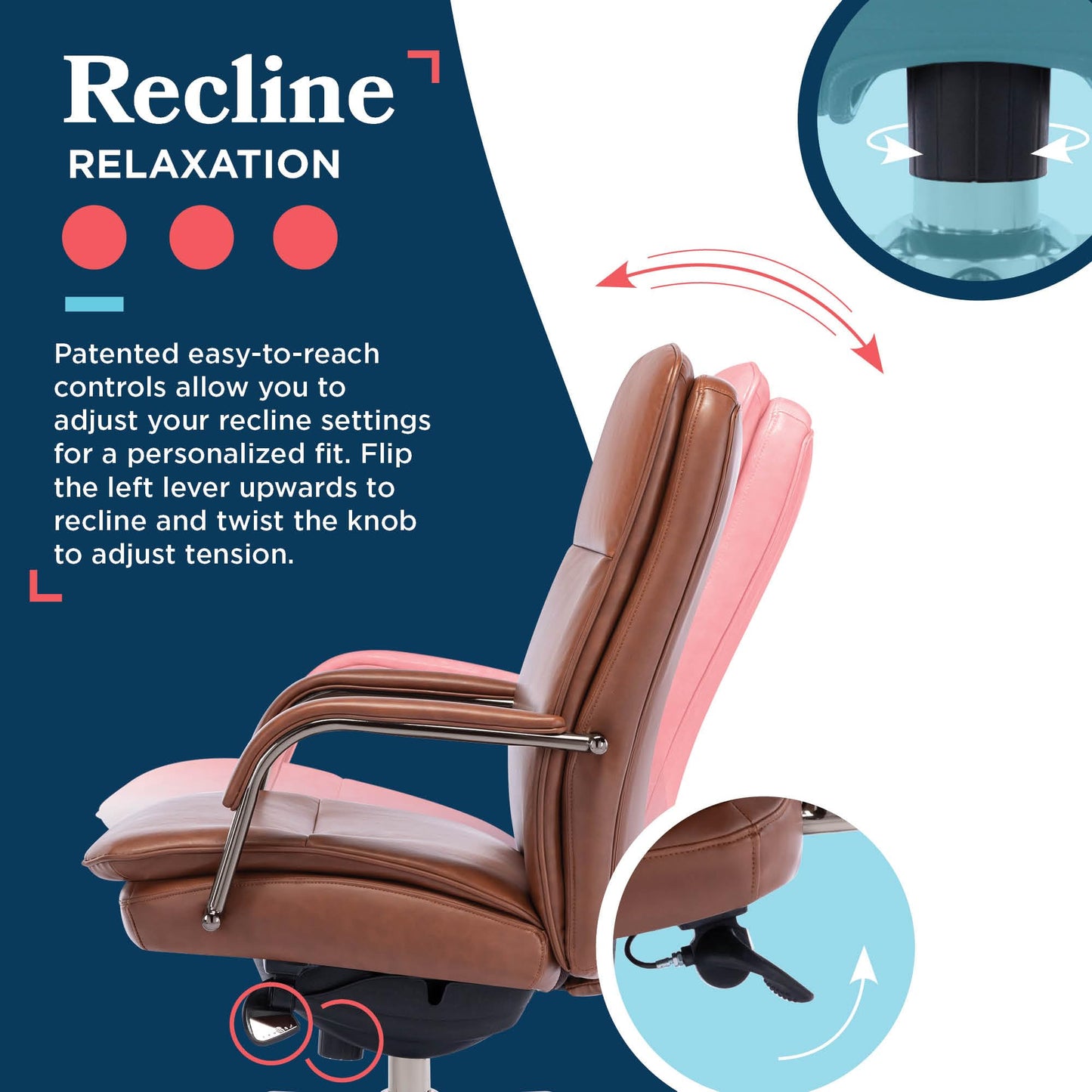 La-Z-Boy Opus Executive Mid-Back Office Chair, Channel-Tufted Seat and Back, Double-Layer Cushion, Padded Arms, Ergonomic Computer Desk Chair, Swivel Metal Base, Bonded Leather, Cognac and Graphite