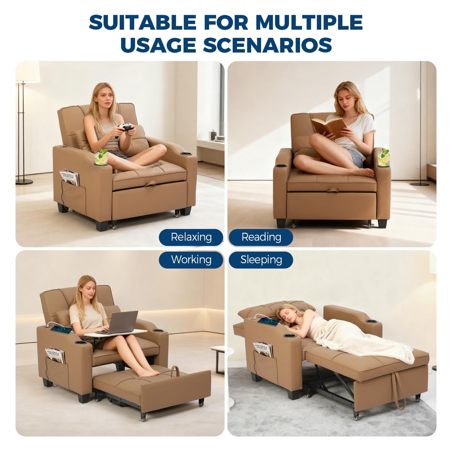 Sleeper Chair Pull Out Bed, 4 in 1 Convertible Sofa Chair Bed with Vibration Massage Lumbar Pillow, Single Sofa Recliner with USB/Type-C Port, Cup Holders and Side Pocket for Small Spaces (Brown)