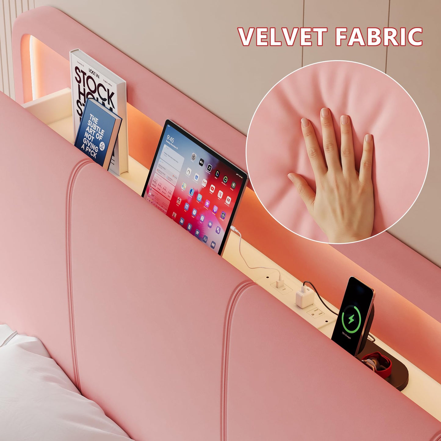 Feonase Full Upholstered Bed Frame with Headboard and 2 Storage Drawers, Built-in Charging Station, Velvet Platform LED Bed with Solid Wood Slat Support, No Box Spring Needed, Pink