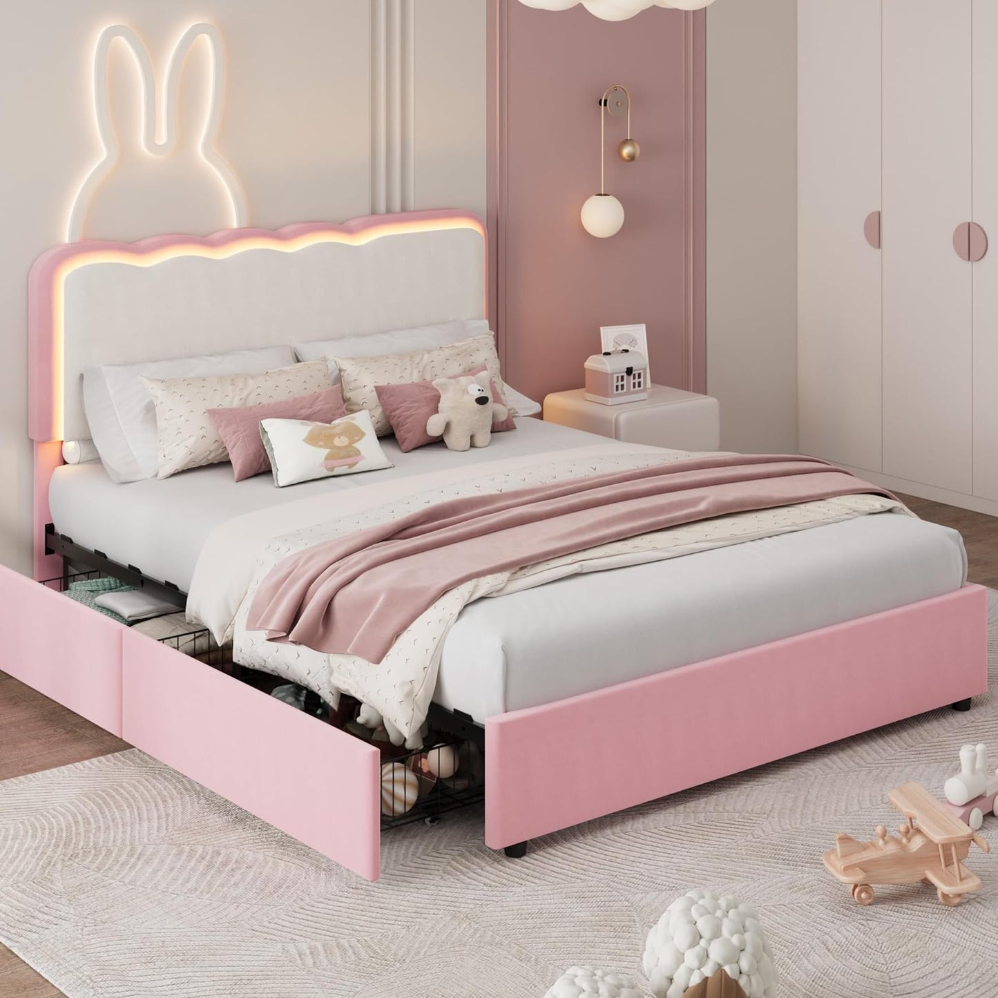 IDEALHOUSE Full Upholstered LED Bed Frame with Storage Drawer and Adjustable Headboard, Velvet Princess Platform Bed for Kids/Girls/Boys, Heavy Duty Metal Support, No Box Spring Needed, Pink