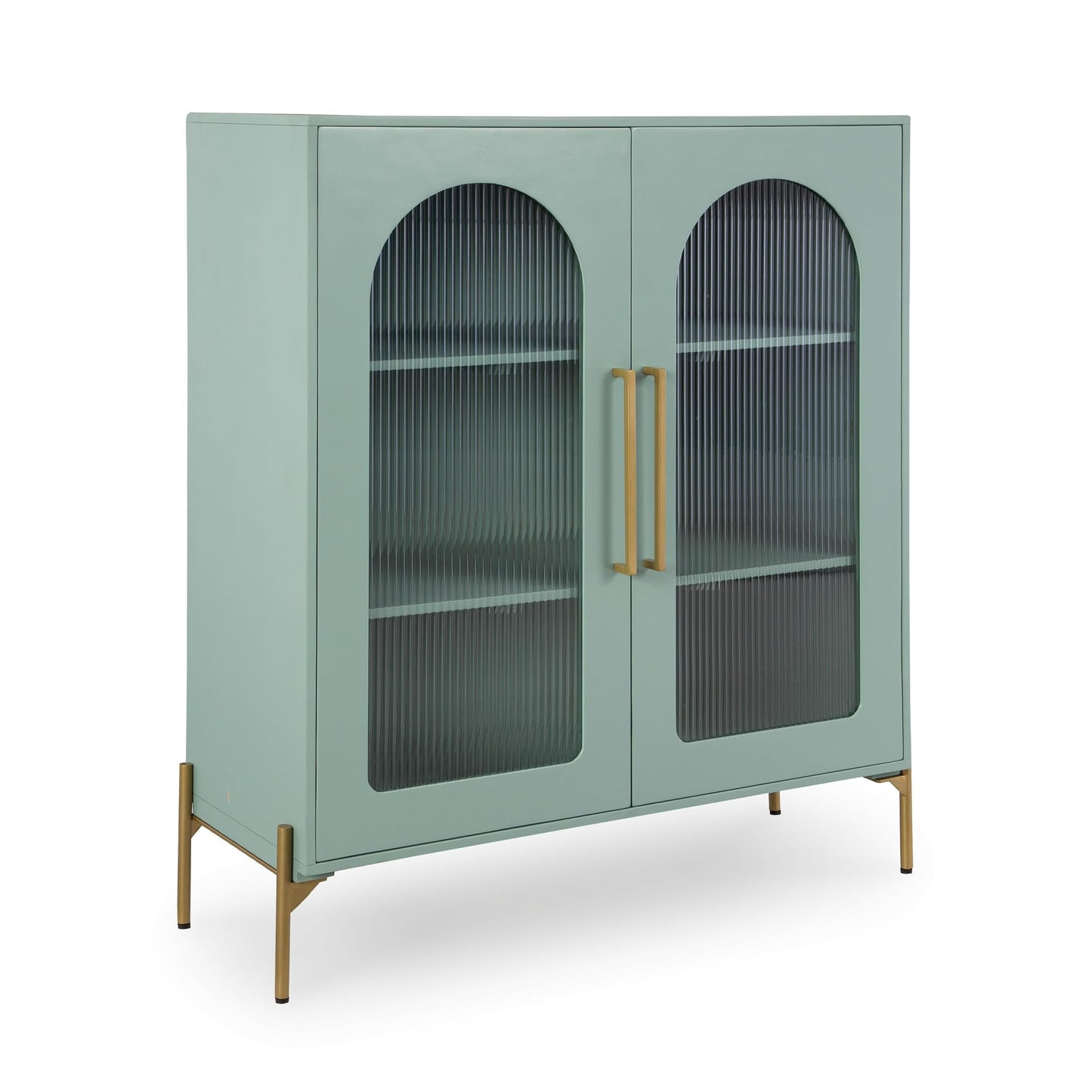 Signature Design by Ashley Adwen Arched Accent Cabinet, Modern Storage Cabinet with 2 Fluted Glass Doors, Engineered Wood & Metal Construction for Living Room Display, Light Green & Gold, 40" W