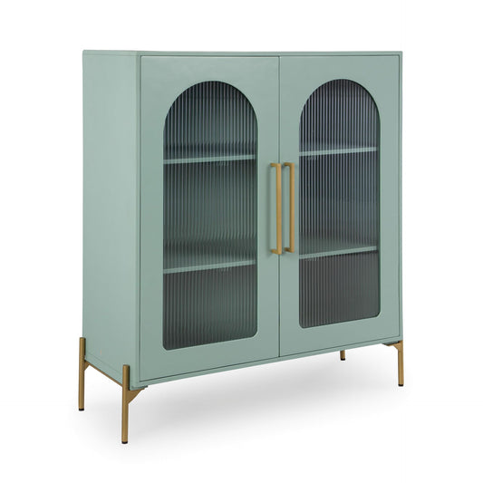 Signature Design by Ashley Adwen Arched Accent Cabinet, Modern Storage Cabinet with 2 Fluted Glass Doors, Engineered Wood & Metal Construction for Living Room Display, Light Green & Gold, 40" W