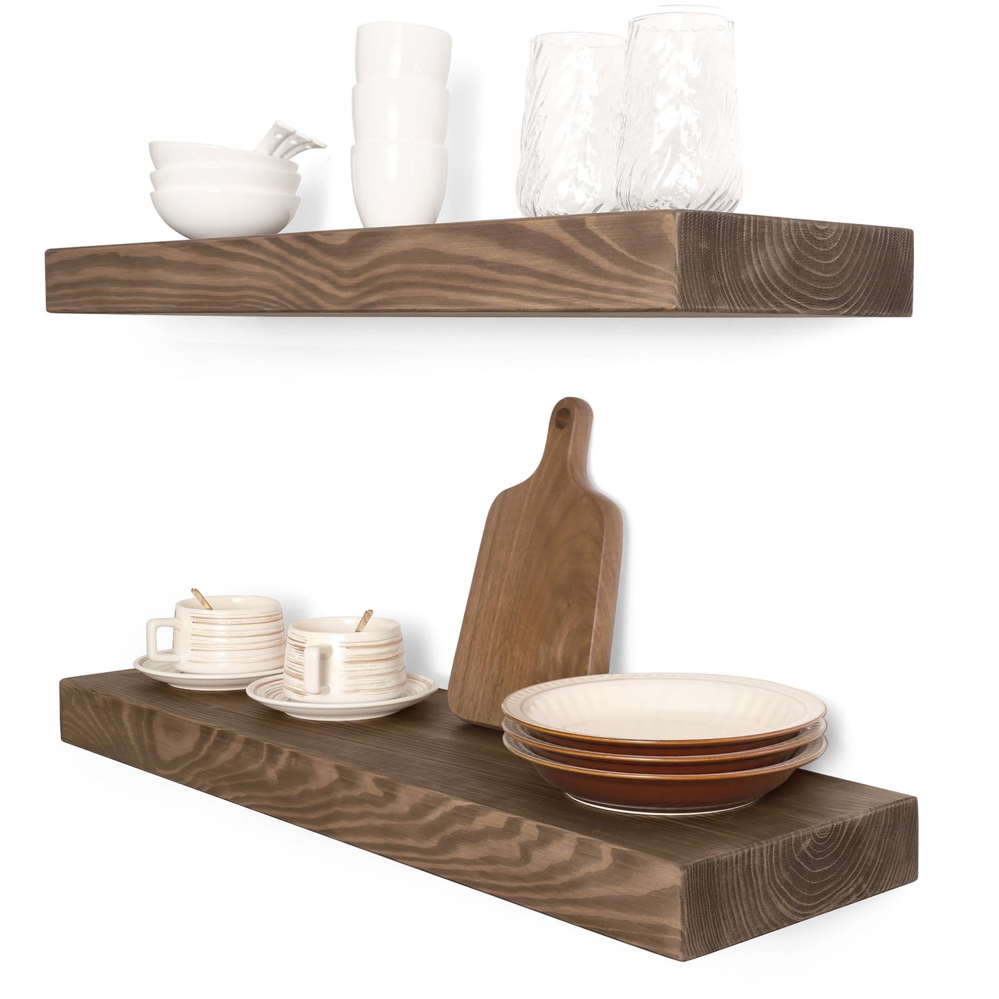 BANFFLOW 24 Inch Long x 8.66 Inch Deep Floating Shelves for Wall, Set of 2 High-End Solid Wood Shelves with Sturdy Hidden Brackets, Dark Walnut, for Living Room Kitchen Bathroom Study Room
