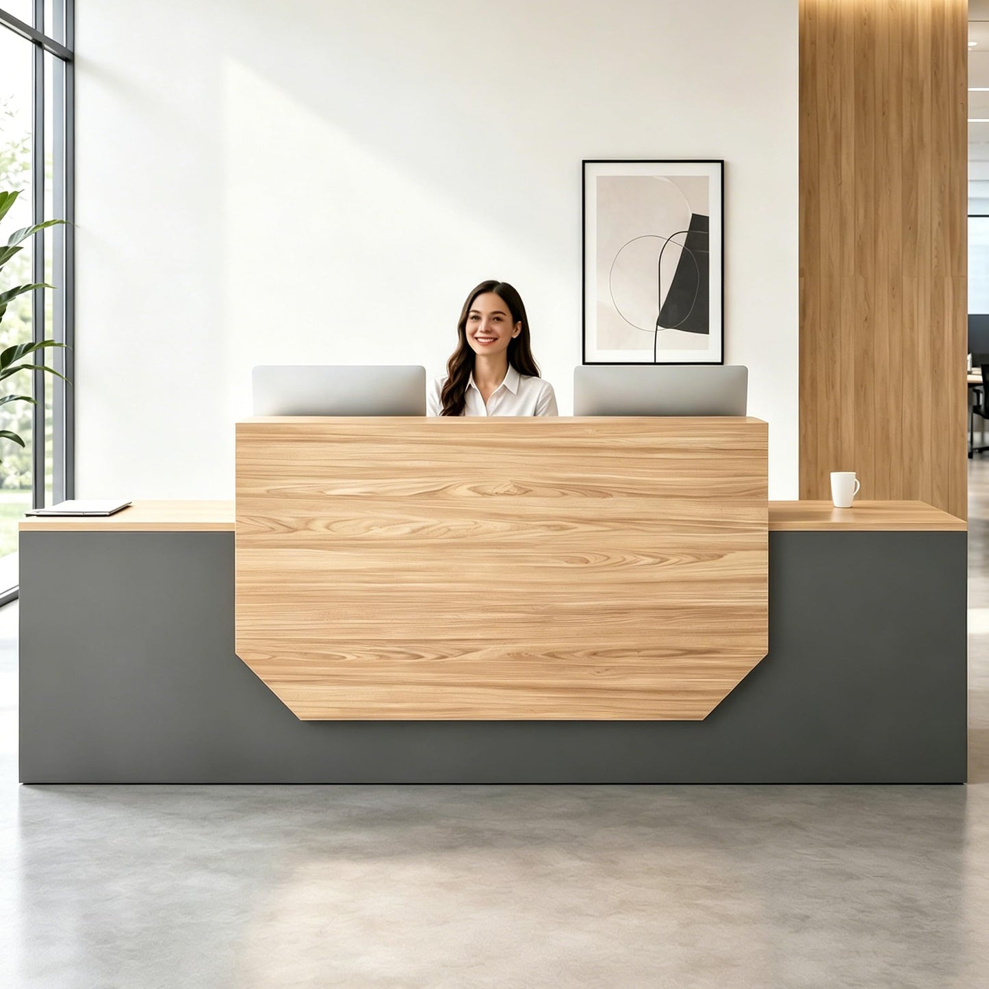 Modern Reception Desk with Counter,Large Front Desk L Shaped Reception Counter with 2 Lockable Drawers and 2 Mobile Storage Cabinets,Receptionist Desks for Office,Salon,or Retail, Checkout Counter
