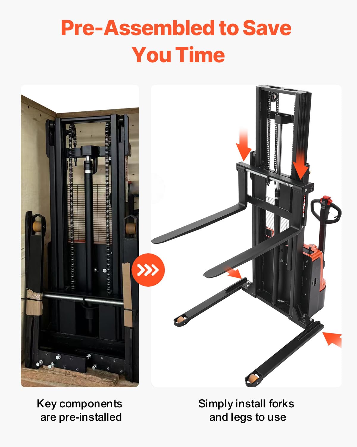 VEVOR Full Electric Pallet Stacker, 3300 lbs Load Capacity, 130'' Max Lifting Height, Pallet Lift Stacker Forklift with Straddle Legs & Forks, 8.66-31.1 Inches Adjustable Fork Width, Orange & Black