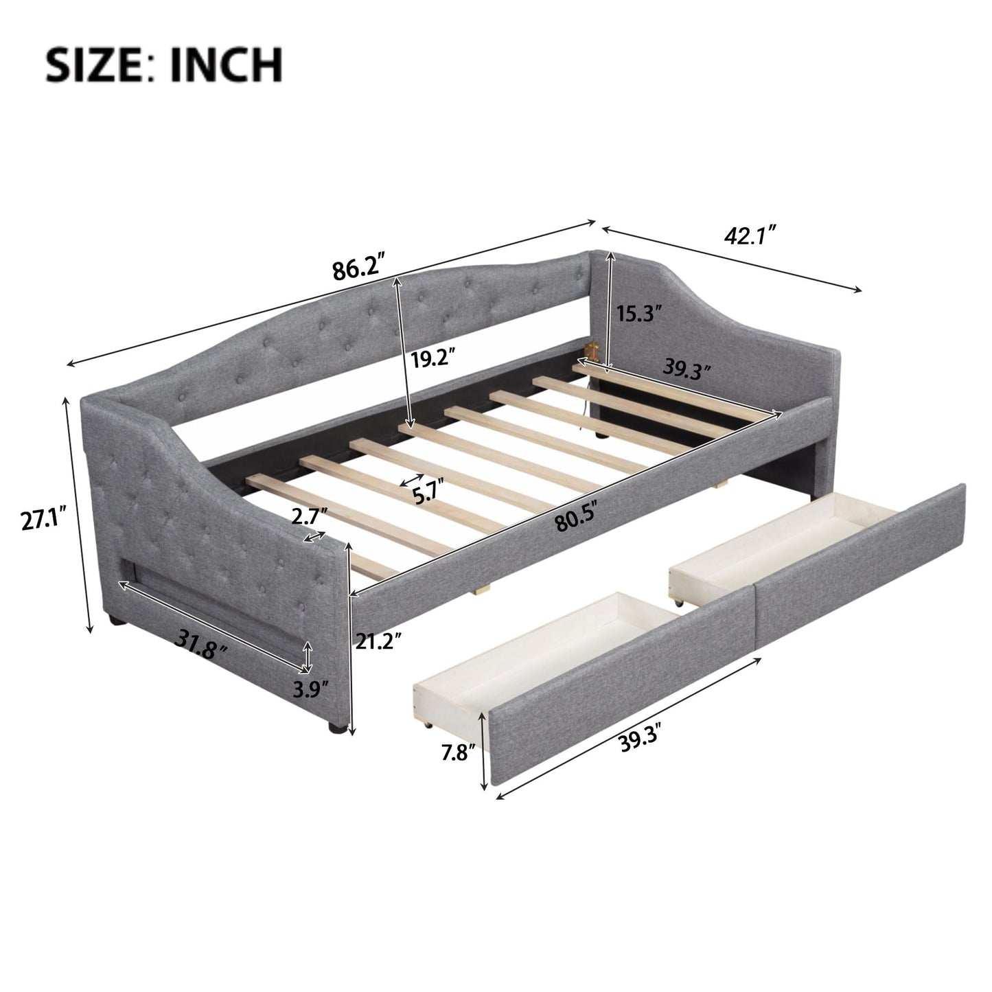 Merax Twin XL Size Modern Upholstered Platform Bed with 2 Drawers, Linen Sofa Daybed with Wood Slat Support, Storage Bed Frame, Space Saving/Gray
