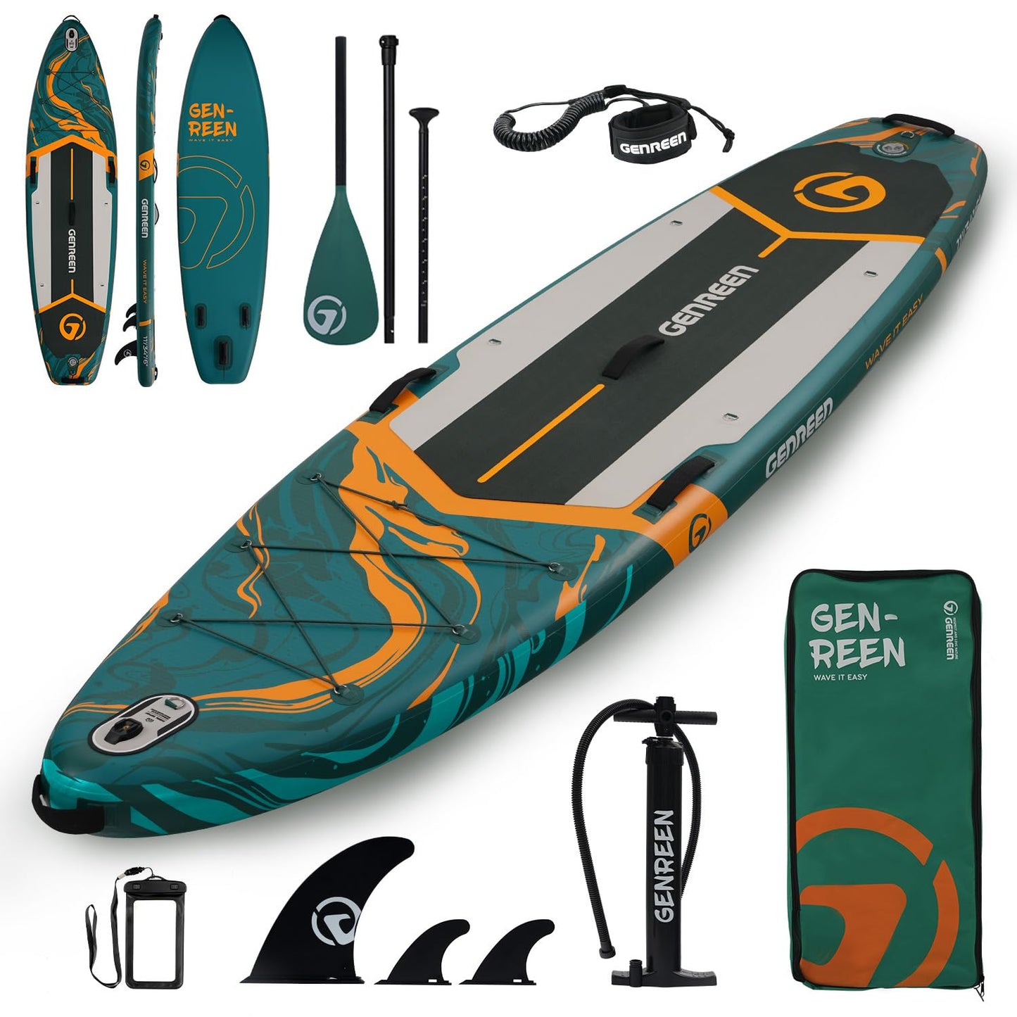 Genreen Paddle Board Stand Up Paddle Board Inflatable SUP 11'34"6" with 5 Grips 3 Fins EVA 0.5cm Ultra Stable Wide 450lbs Capacity for Water Sports Yoga Fishing Jungle Green with Bright Green Edge