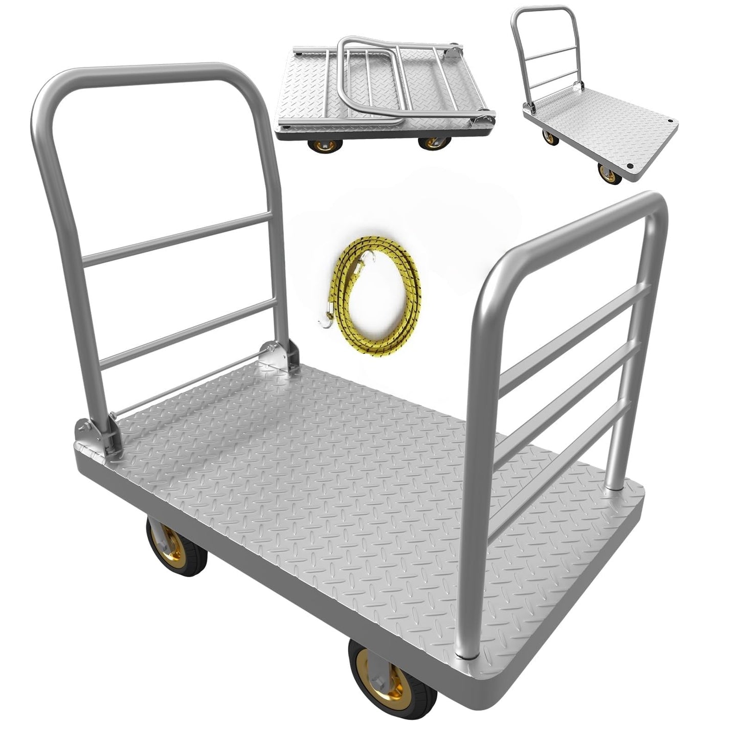 Lomive 2IN1 42"×25" Platform Truck Cart 2200lbs Heavy Duty Flatbed Cart Dolly w/Detachable Rear Guardrail and Swivel Casters, Push Cart, 1 Bunge Cord Included
