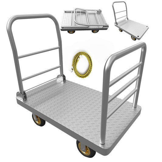 Lomive 2IN1 42"×25" Platform Truck Cart 2200lbs Heavy Duty Flatbed Cart Dolly w/Detachable Rear Guardrail and Swivel Casters, Push Cart, 1 Bunge Cord Included