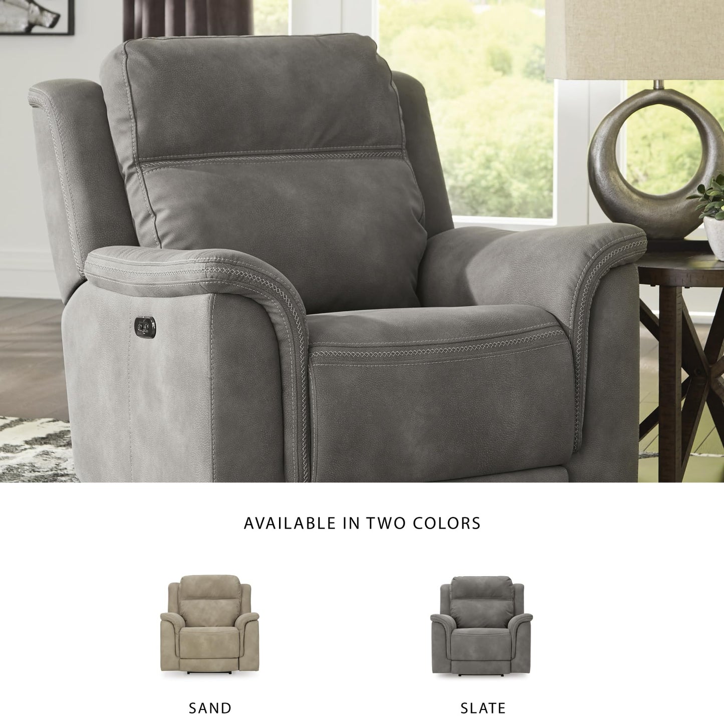 Signature Design by Ashley Contemporary Next-Gen DuraPella Power Recliner with Adjustable Headrest, One-Touch Control, Water Repellent Faux Leather, Gray