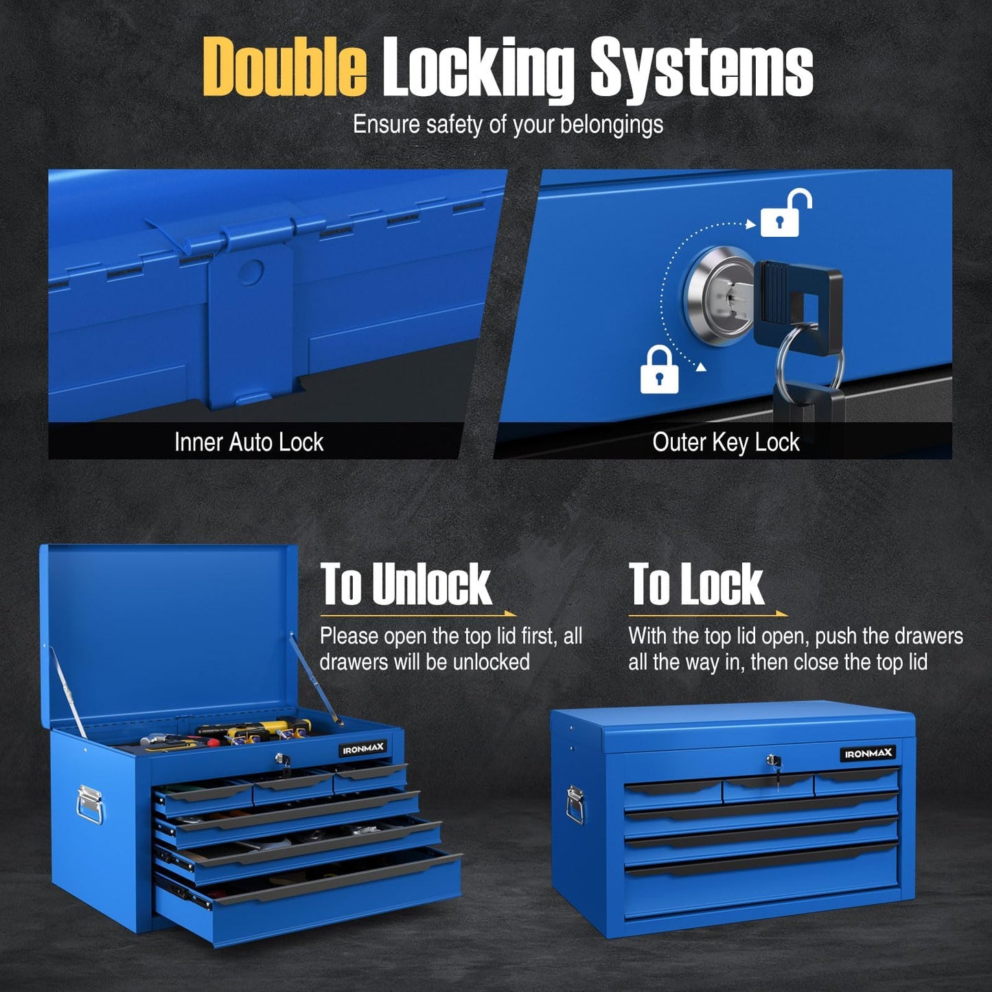 ERGOMASTER 24'' Steel Tool Box, Blue Metal Tool Box with 6 Drawers, Lockable Tool Chest Cabinet Storage Toolbox for Garage, Workshop