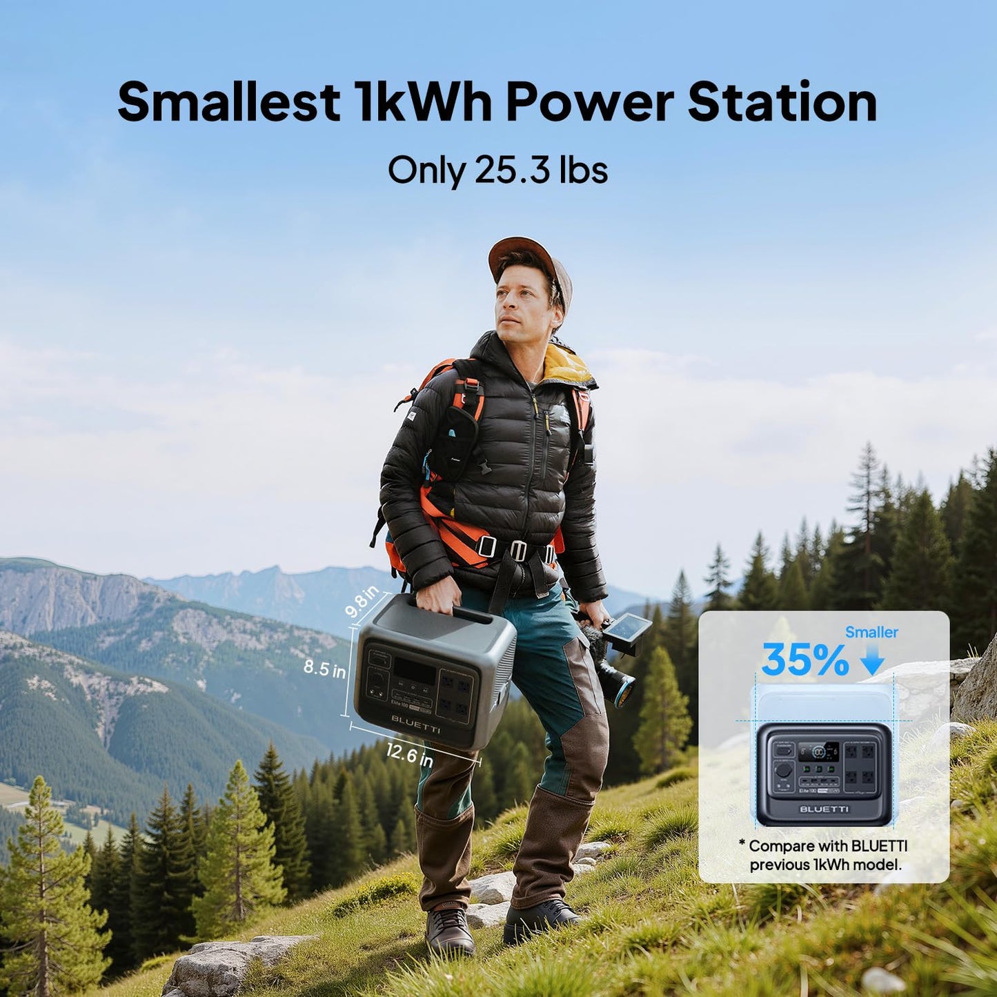 BLUETTI Elite 100 V2 Portable Power Station and Solar Cable, 1024Wh LFP Battery Backup w/ 4 1800W AC Ports (3600W Surge), 35% Smaller, Fast Charge and UPS Solar Generator for Camping, Road Trip