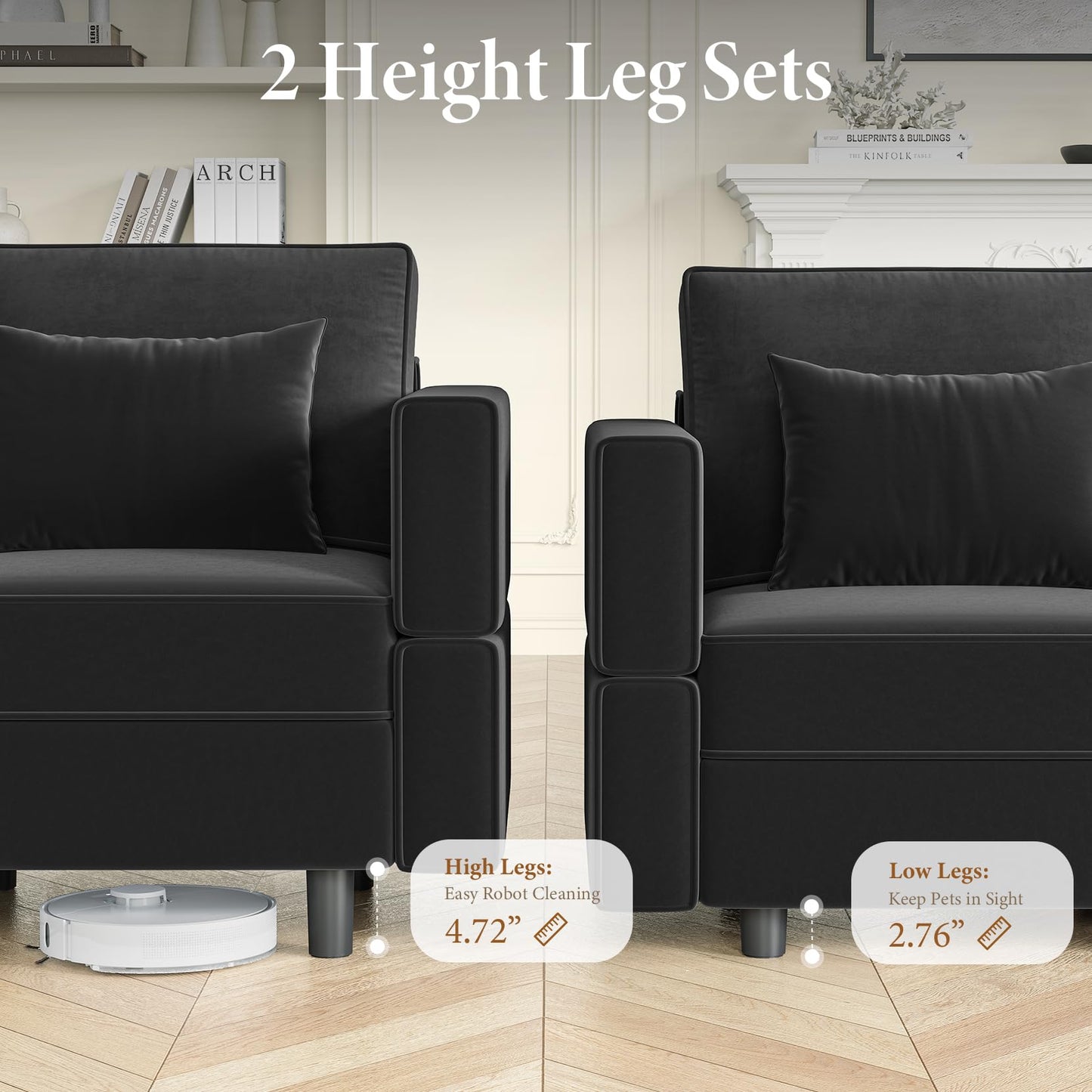Vesgantti Sectional Sleeper Sofas with Storage, 118" Sofa Bed with 8 Seats Storage Chaises Removable Cover, Deep Seat Modular Couches Velvet Couch Set for Living Room, Apartment, Home Theater, Black