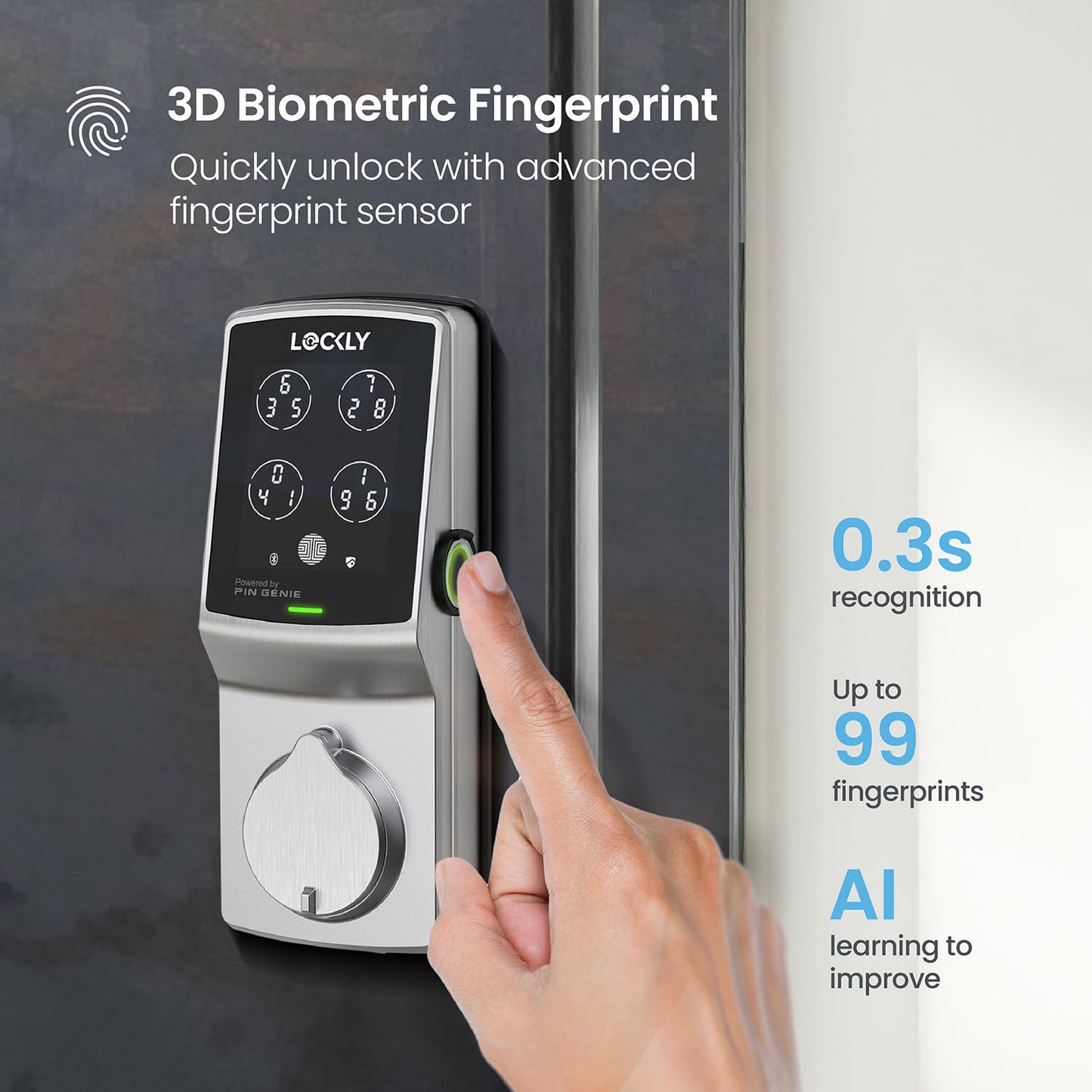 Lockly Secure Pro Smart Deadbolt Lock — Fingerprint Keyless Entry, PIN Genie® Patented Keypad, up to 99 Fingerprints, up to 33 Access Codes, Wi-Fi Hub Included, ANSI Grade 1, Alexa & Google Compatible