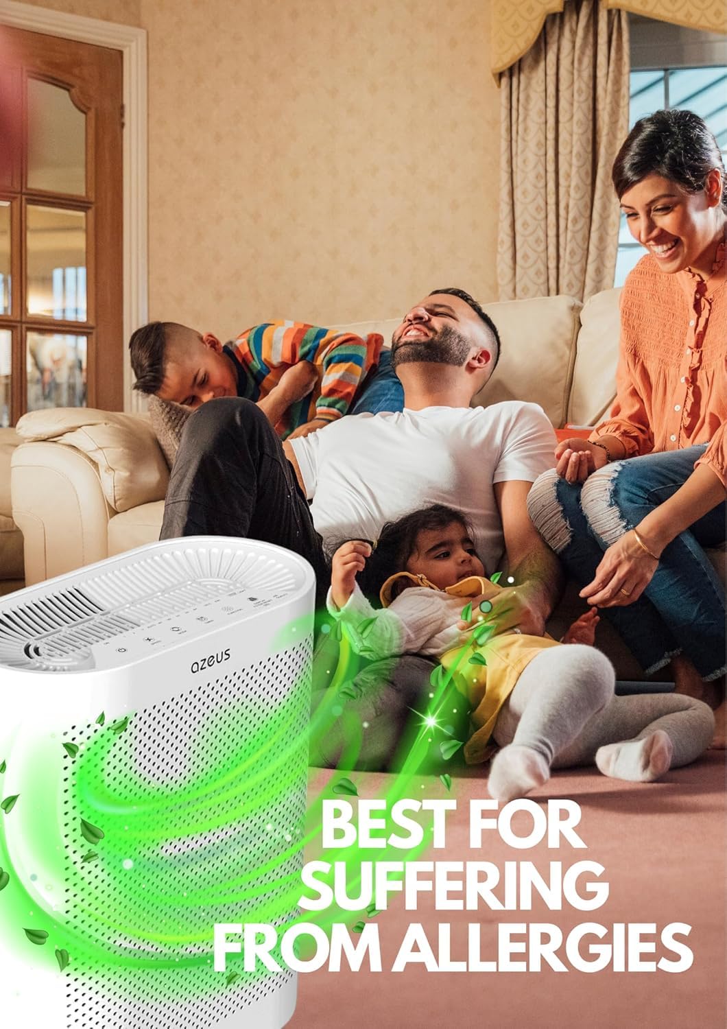 Azeus FS32 True HEPA Air Purifier for Large Rooms, White, High CADR 400m³/h, Smoke Dust Pet Dander Removal, Auto Mode with Air Quality Senso