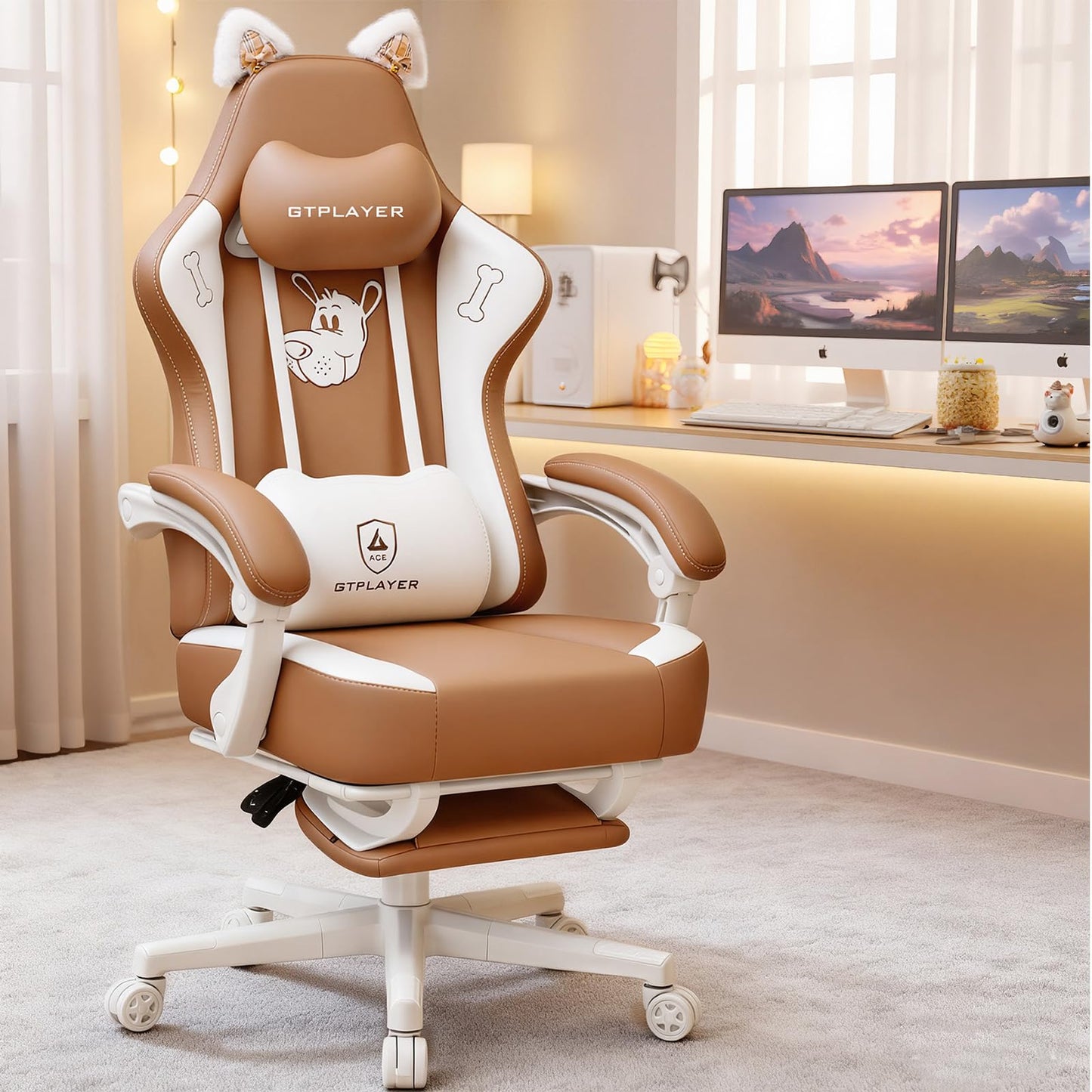 GTPLAYER Gaming Chair Cute with Cat Ears Ergonomic Computer Chair with Dog Embroidery Adjustable Memory Foam Lumbar Support and Headrest Comfortable Reclining Office Chair for Girls, Teens, Women