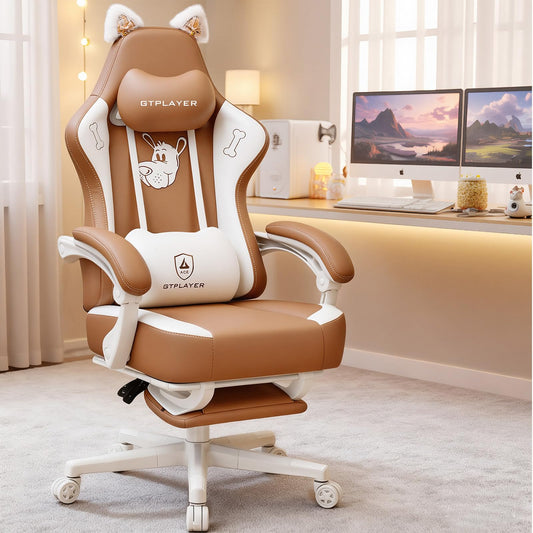 GTPLAYER Gaming Chair Cute with Cat Ears Ergonomic Computer Chair with Dog Embroidery Adjustable Memory Foam Lumbar Support and Headrest Comfortable Reclining Office Chair for Girls, Teens, Women