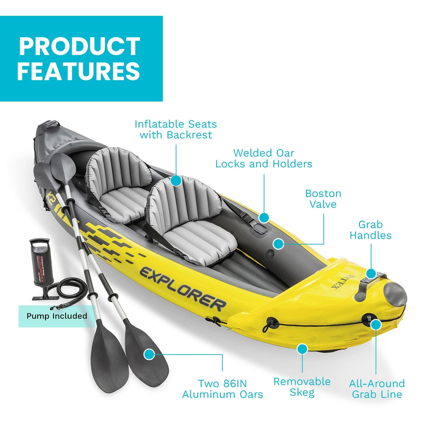 Intex 2-Person Inflatable Kayak Set w/ Pump, Aluminum Oars, Adjustable Seats, Explorer K2 - Tandem Blow-up Raft for Adults, Great for Lakes or Rivers