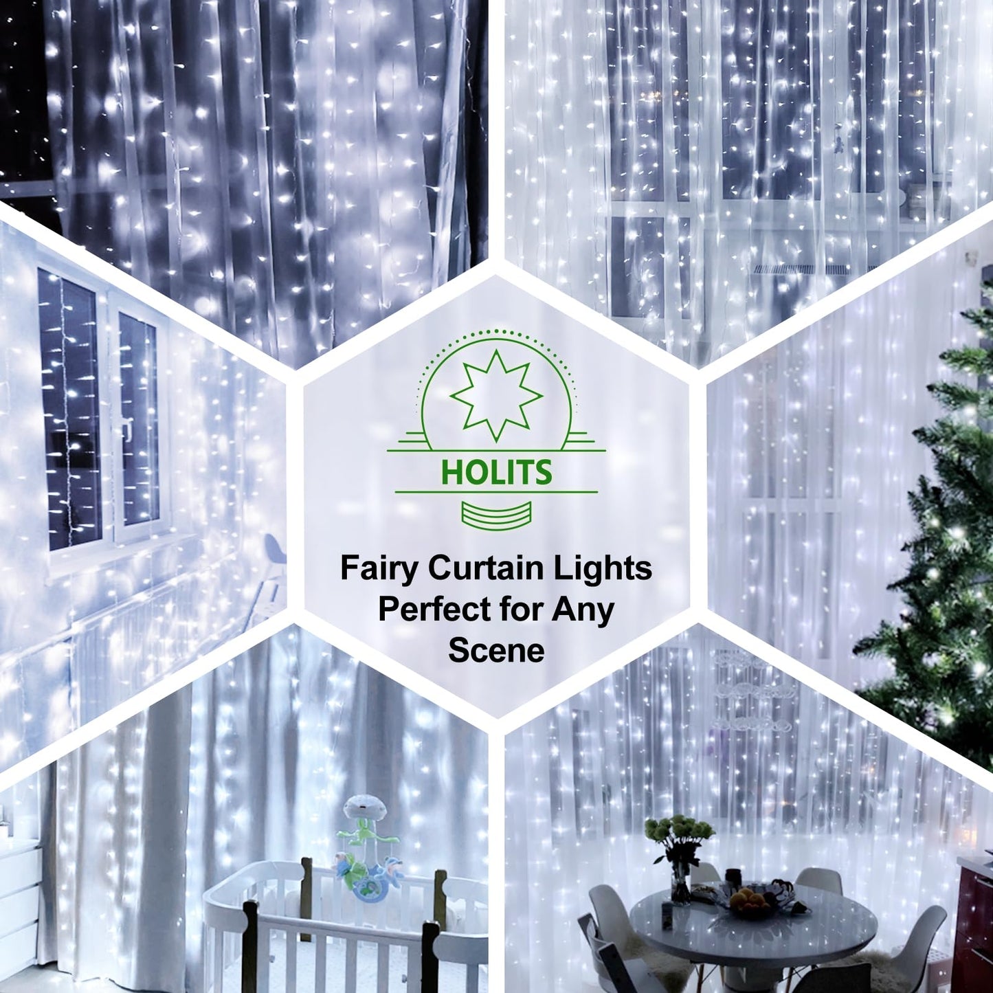 HOLITS 200 LED Fairy Curtain Lights, Warm White, 6.6 x 6.6 FT, USB Plug, Remote, Indoor/Outdoor, Model DIDCL01B-10