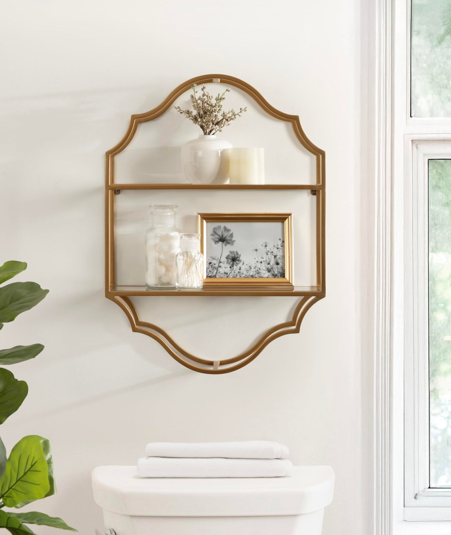 Kate and Laurel Leanna Scalloped Two-Tiered Wall Shelf, 18 x 6 x 24, Gold, Decorative Floating Shelf Storage and Wall Organizer for Bathroom Over Toilet Storage or Display