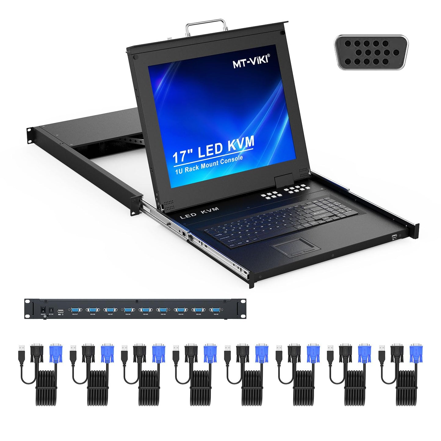 MT-Viki 17'' Rack Mount KVM Switch VGA 8 Port, Rackmount Monitor KVM Fit 1U 19'' Rack, 600-800mm(23.6~31.8'') Depth, Integrated with Keyboard+Touch pad+Drawer+8 KVM Cables
