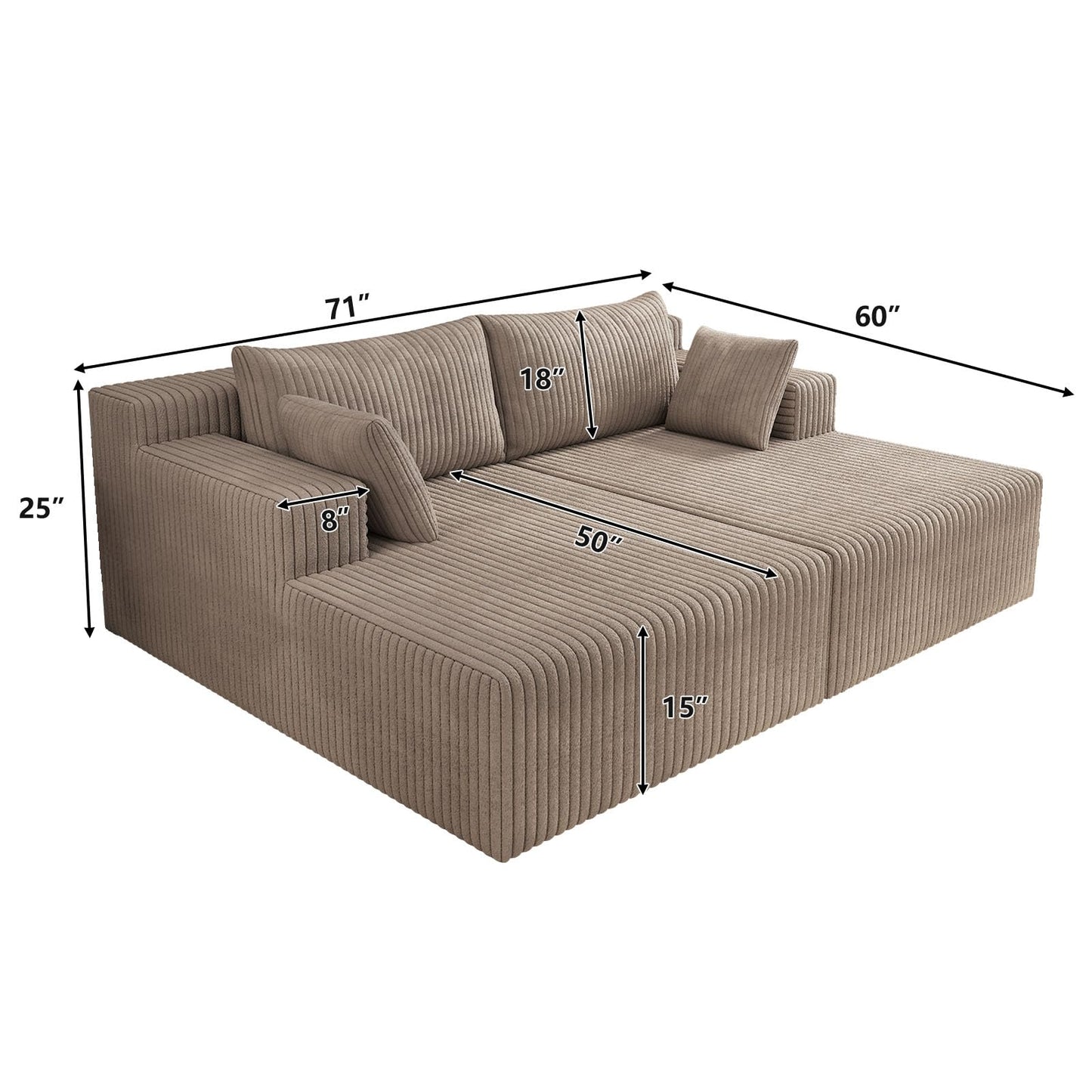 KEIKI 71" L Oversized Double Lounge Chaise Indoor, Corduroy Deep Seat Sectional Modular Couch Sleeper Loveseat Chair, Boneless Upholstered Reading Lazy Cloud Plush Sofa Bed for Living Room, Bedroom